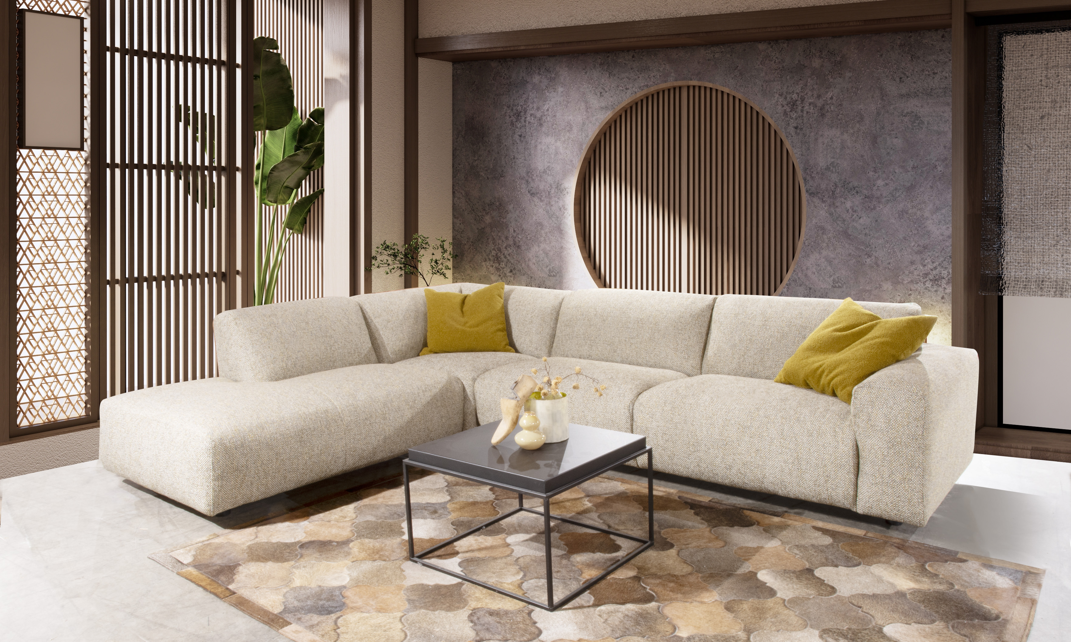 Hoekbank Bergerac in limegroene stof in sfeerbeeld