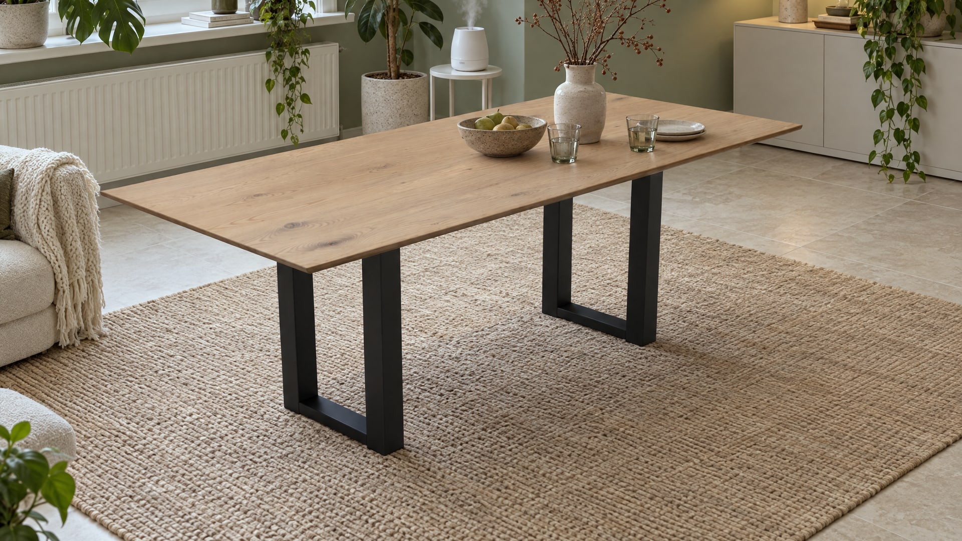 Massief eiken eettafel in een woonkamer met verwarming en planten