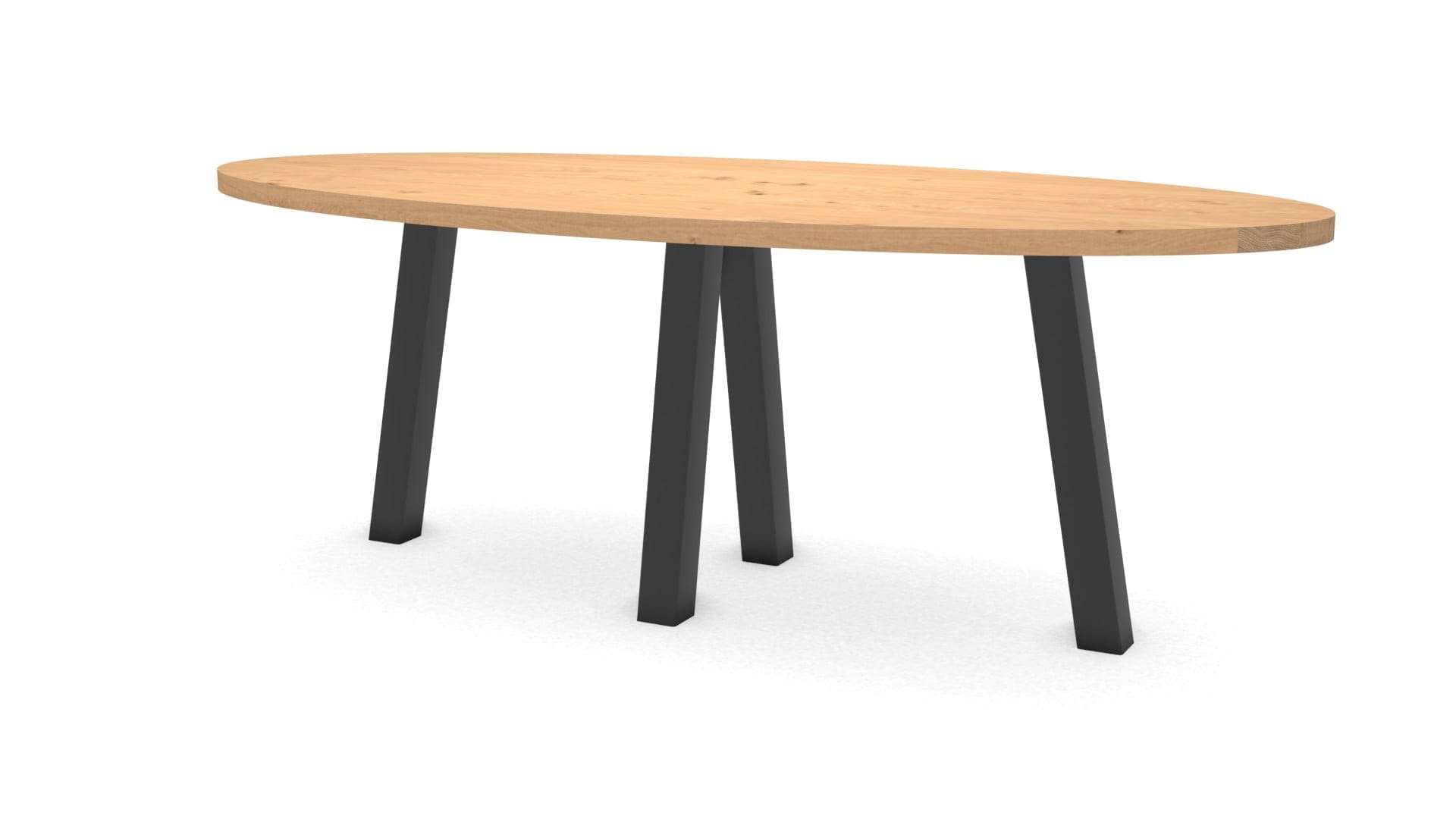 Ovale eikenhouten eettafel Praag met stalen onderstel, warm houtnerf detail