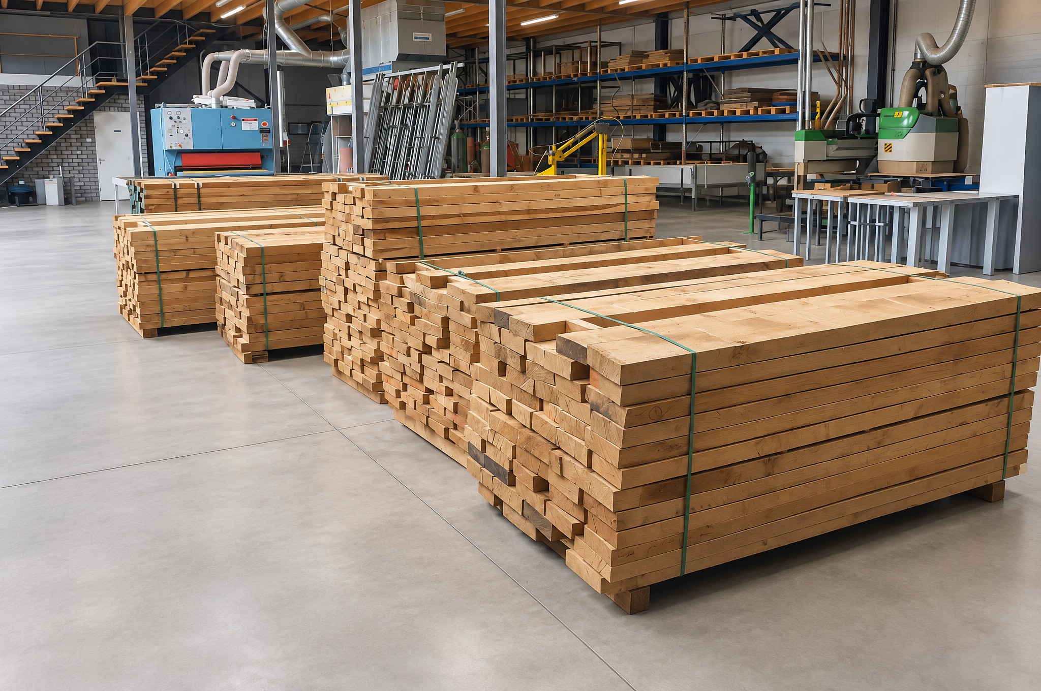 Stapels eikenhouten planken in de werkplaats