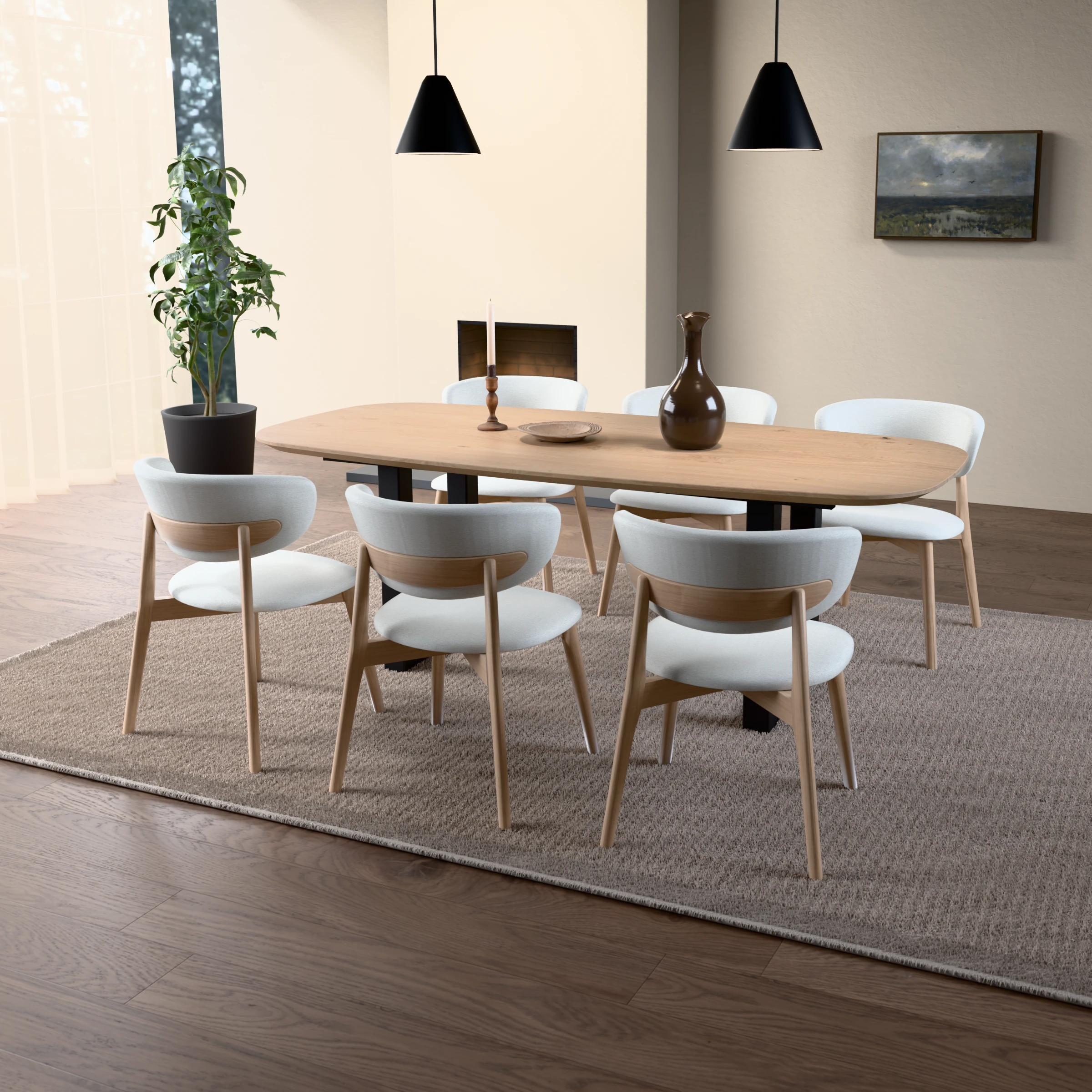 Deens ovale eikenhouten tafel Amsterdam staal — met stoelen rondom