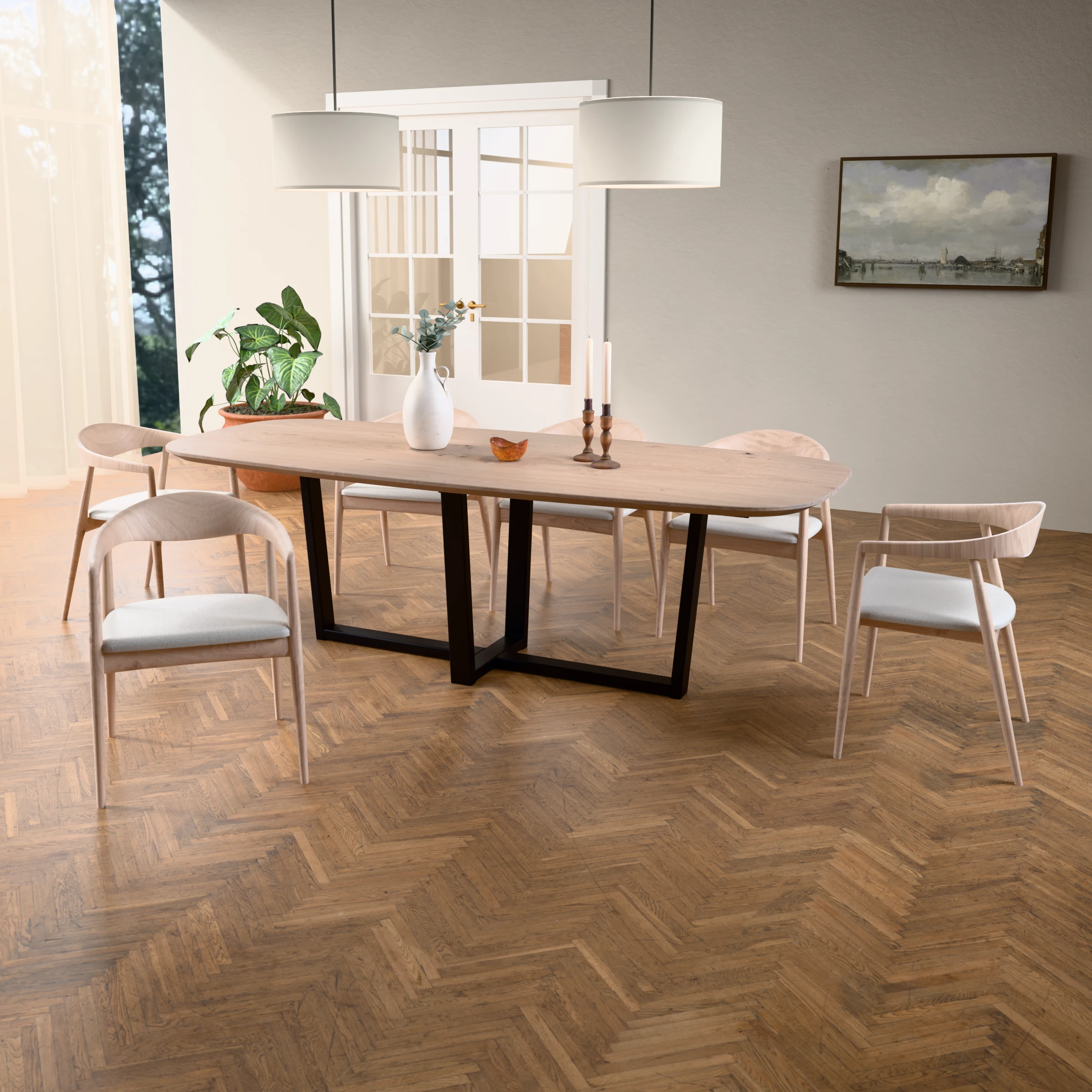Deens ovale eikenhouten tafel Geneve staal — sfeerbeeld