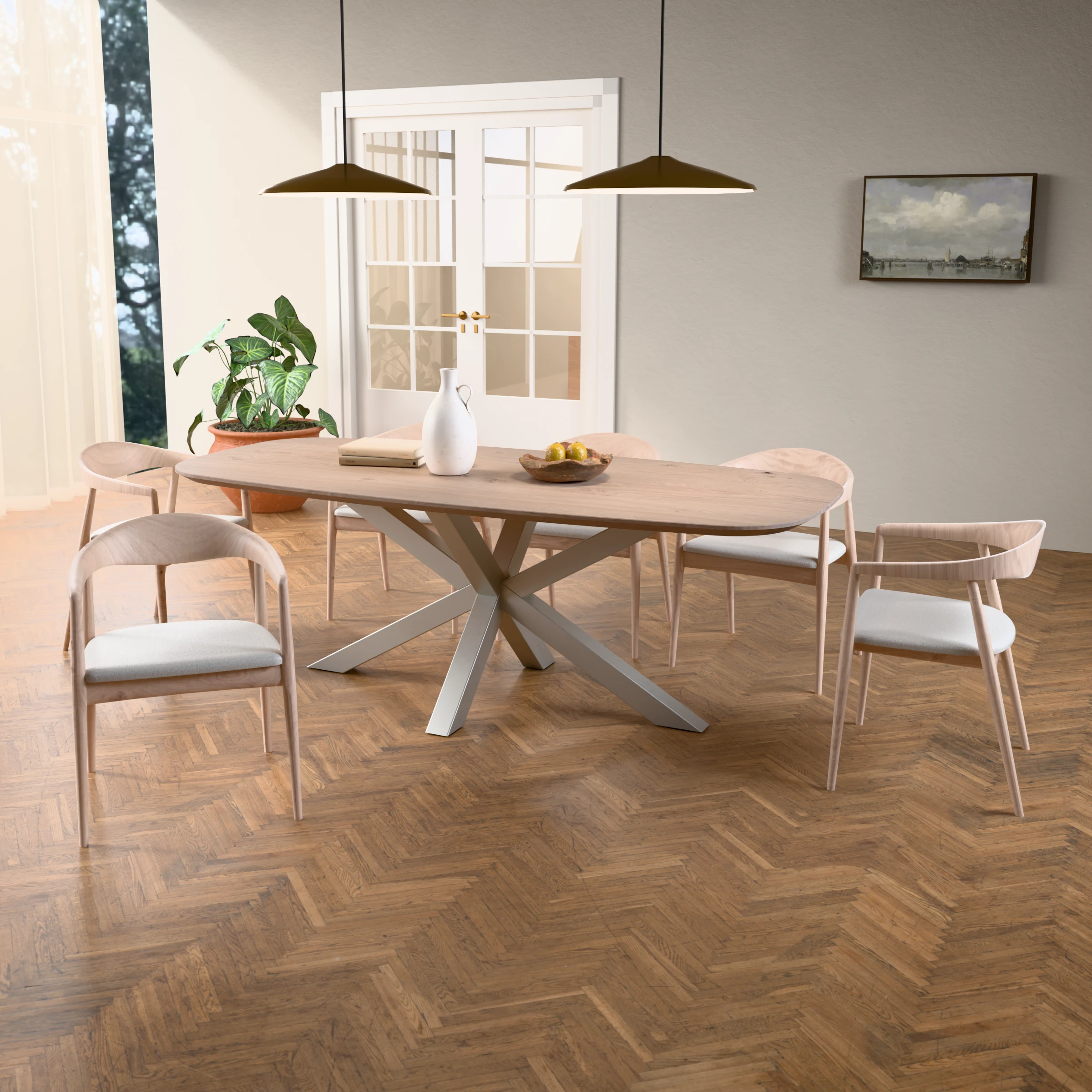 Danish-oval oak table Riga 80x80 stainless steel — in a room setting