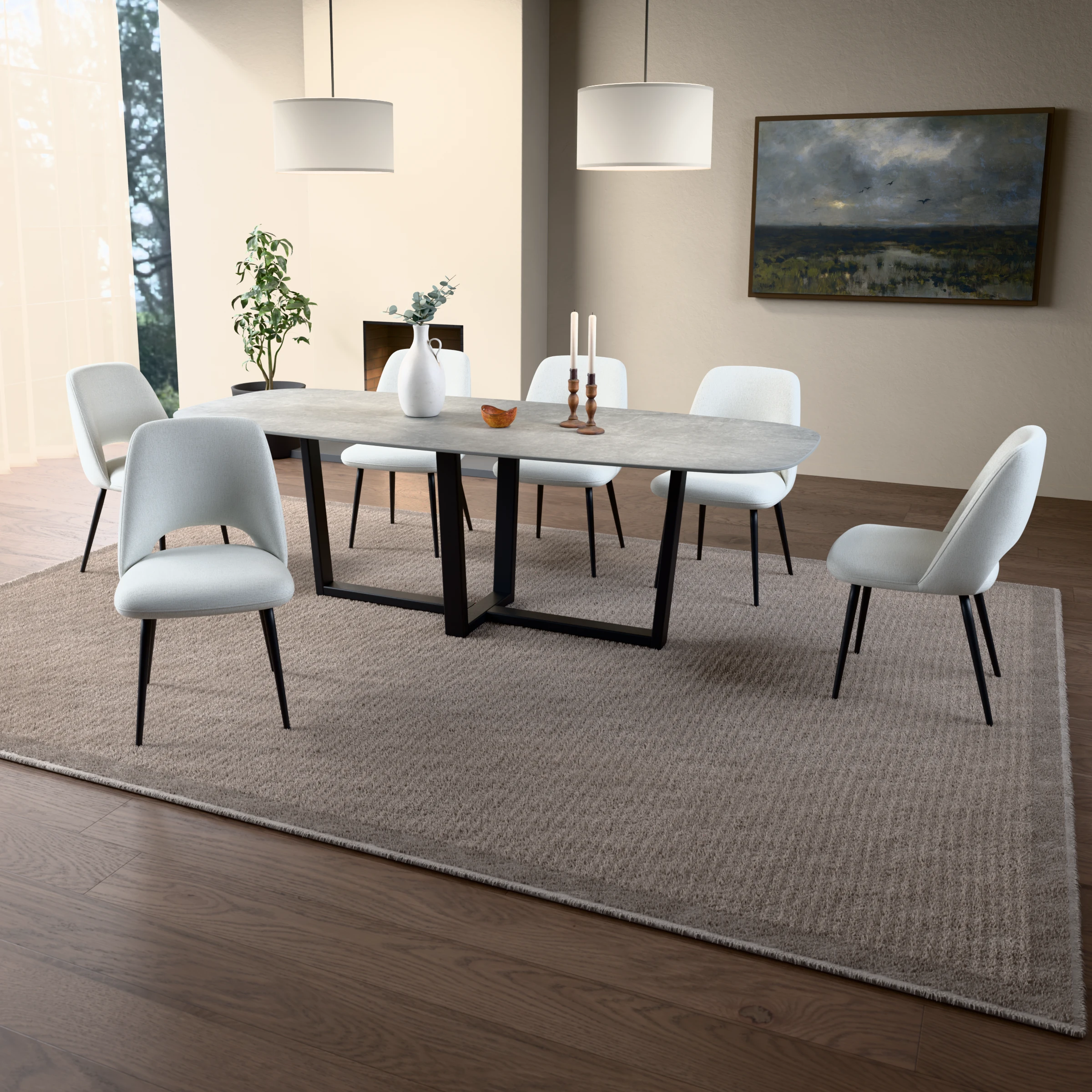 Danish-oval ceramic table Geneve steel — in a room setting