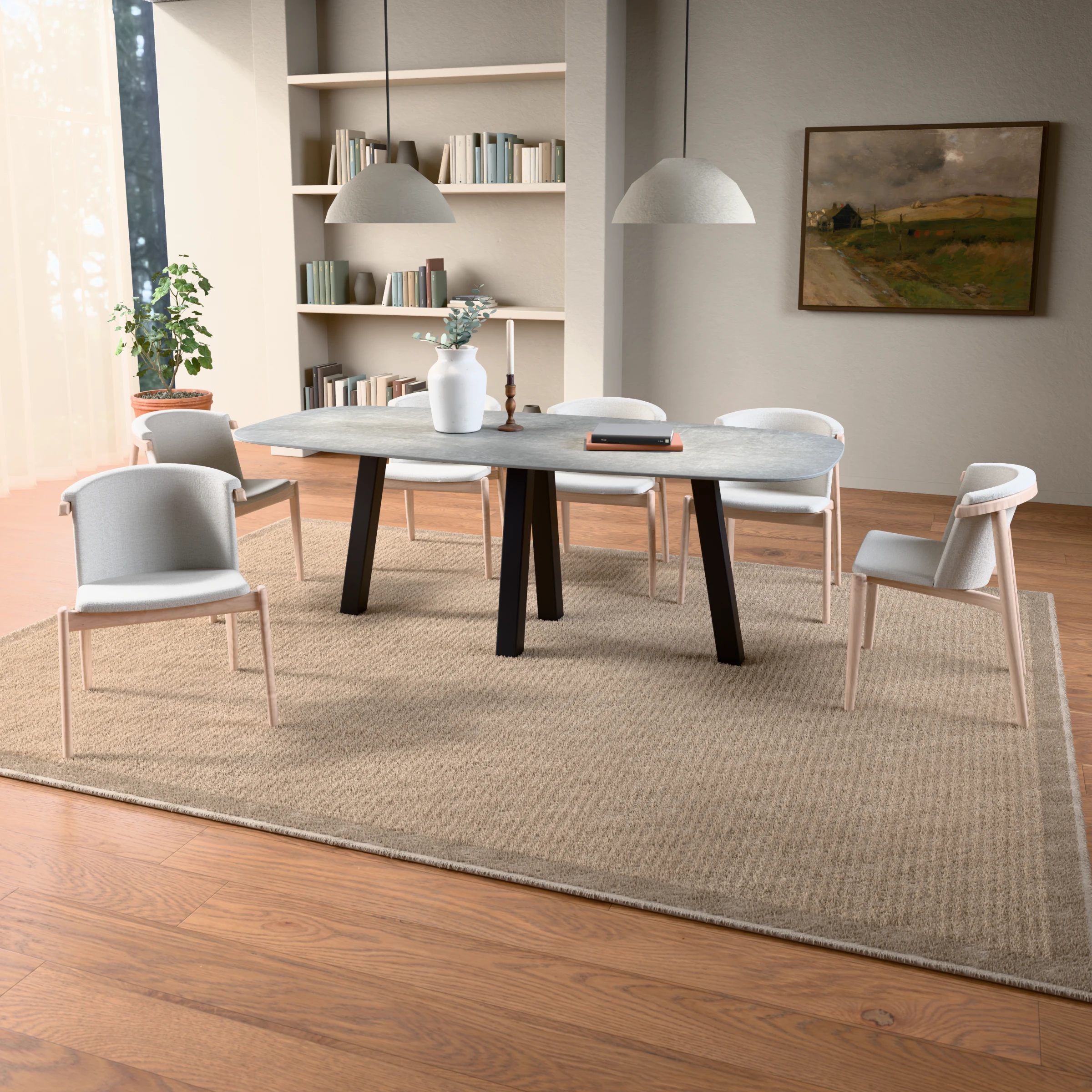 Danish-oval ceramic table Praag steel — in a room setting