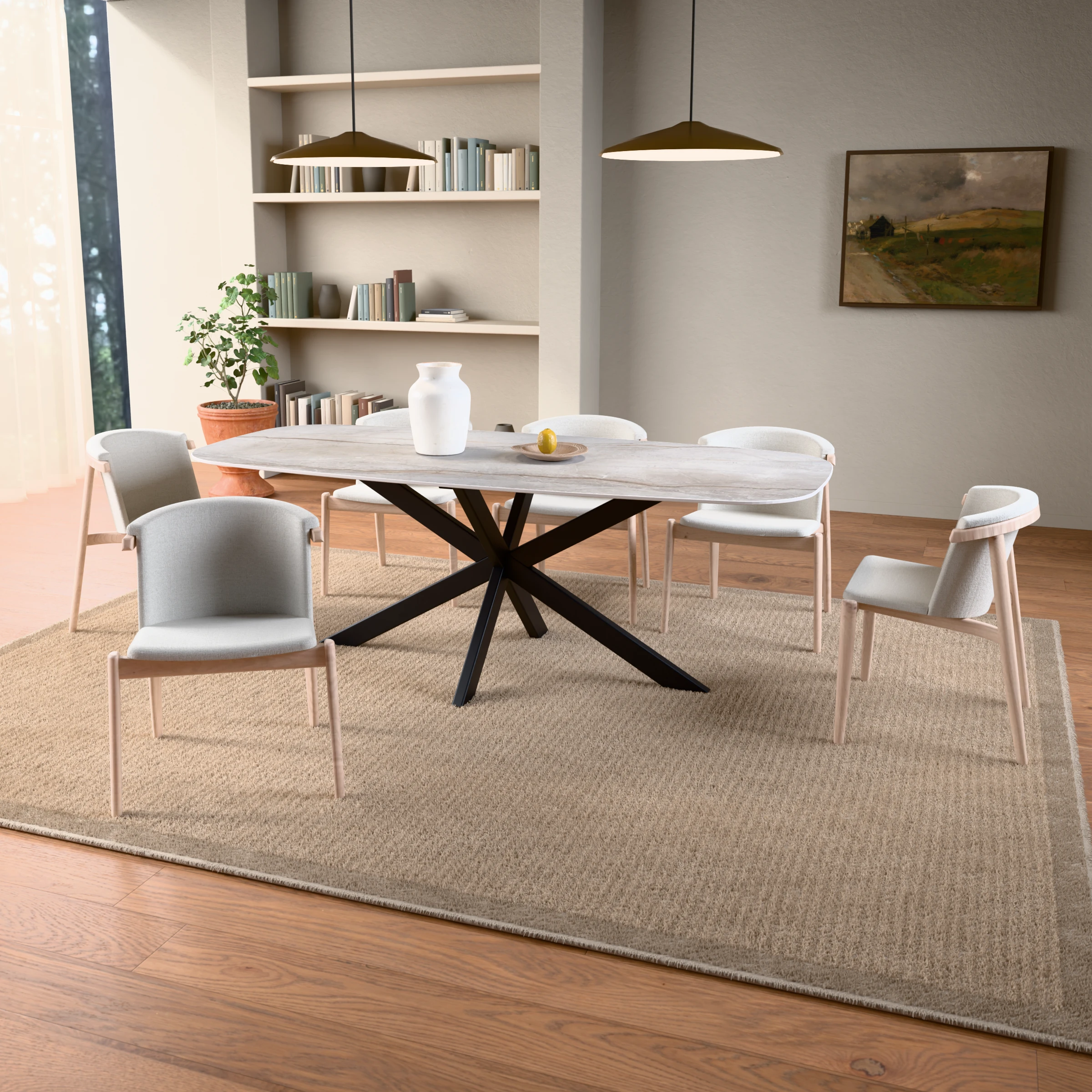 Danish-oval ceramic table Riga 80x40 steel — in a room setting