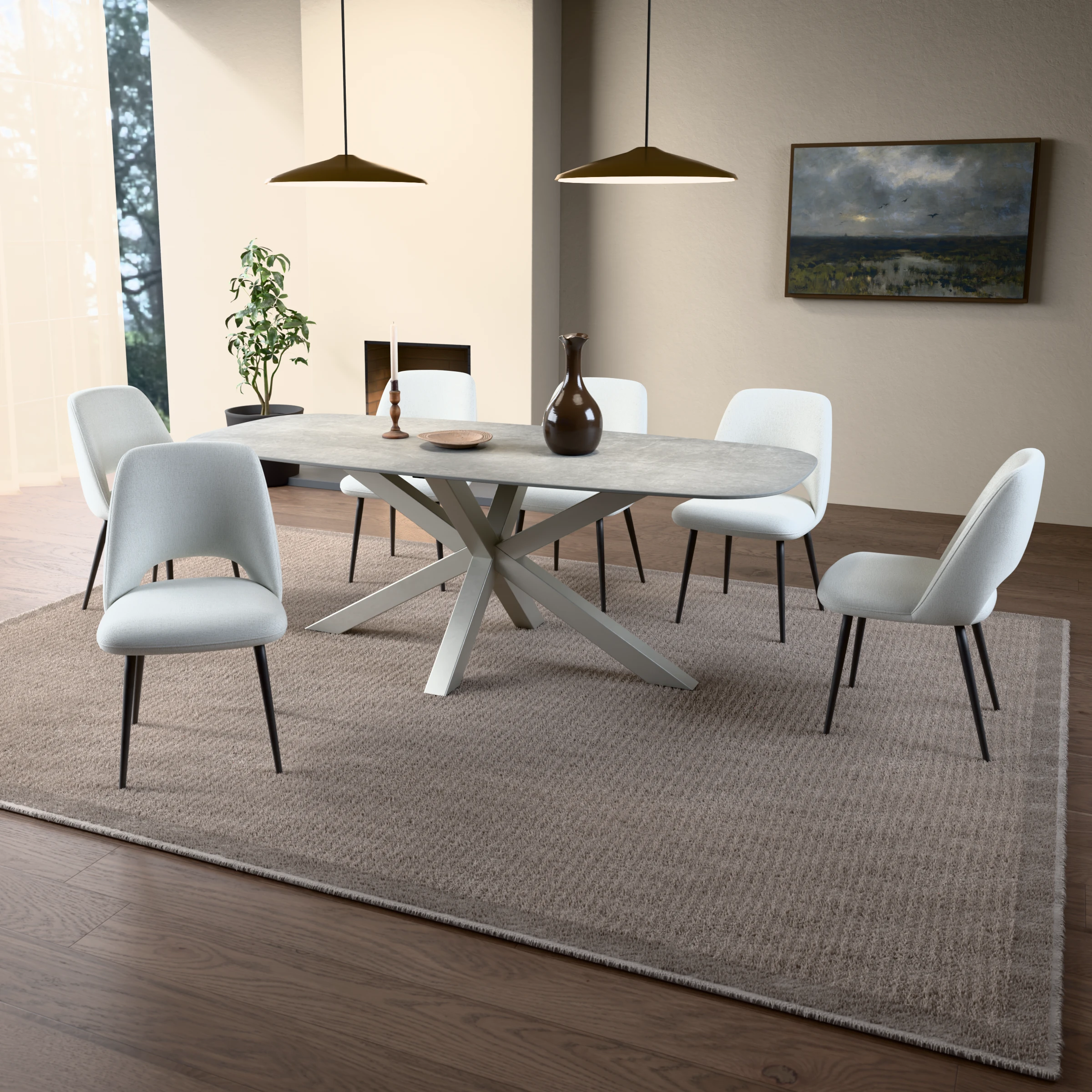 Danish-oval ceramic table Riga 80x80 stainless steel — in a room setting