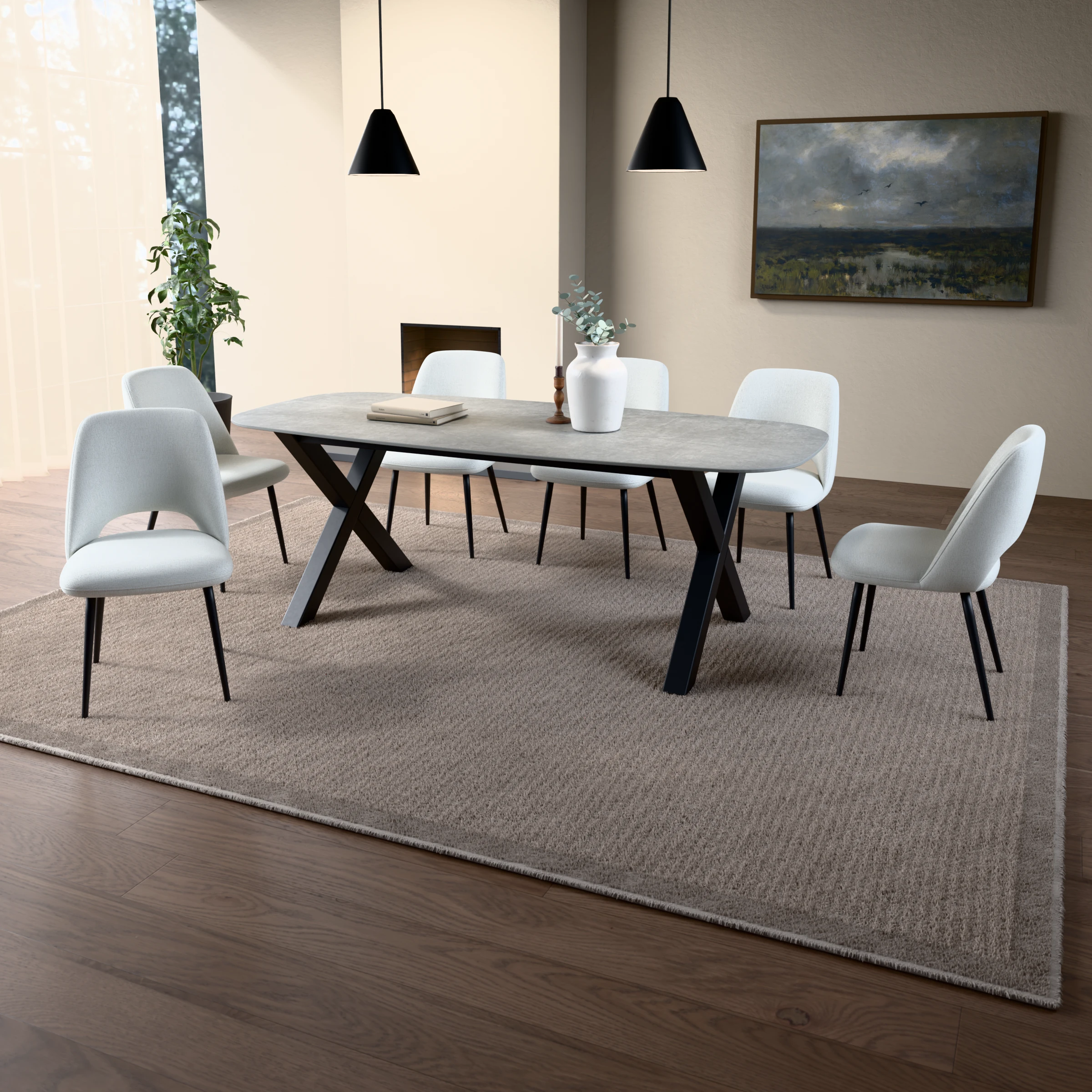 Danish-oval ceramic table Sydney steel — in a room setting