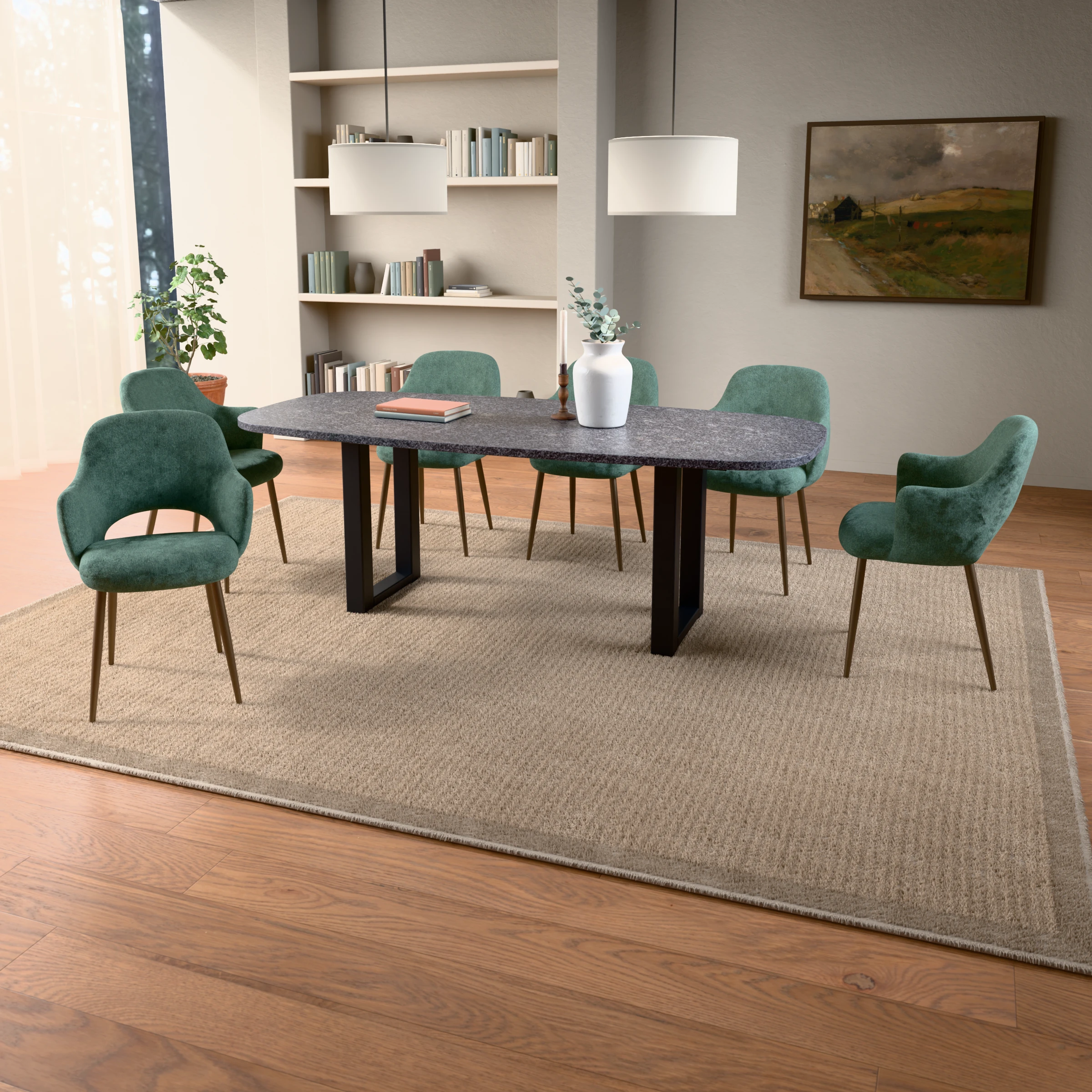 Danish-oval granite table Amsterdam steel — in a room setting