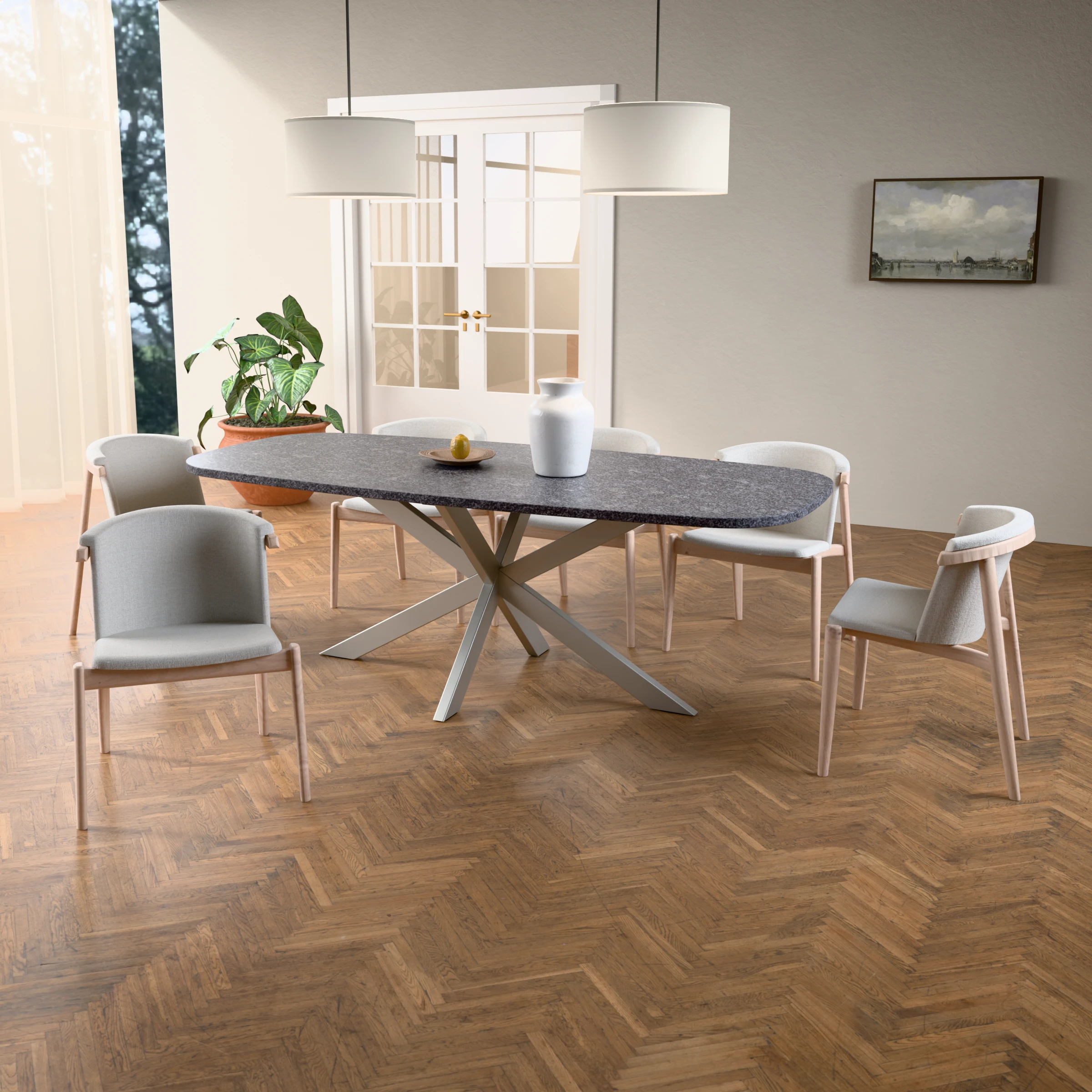 Danish-oval granite table Riga 80x40 stainless steel — in a room setting