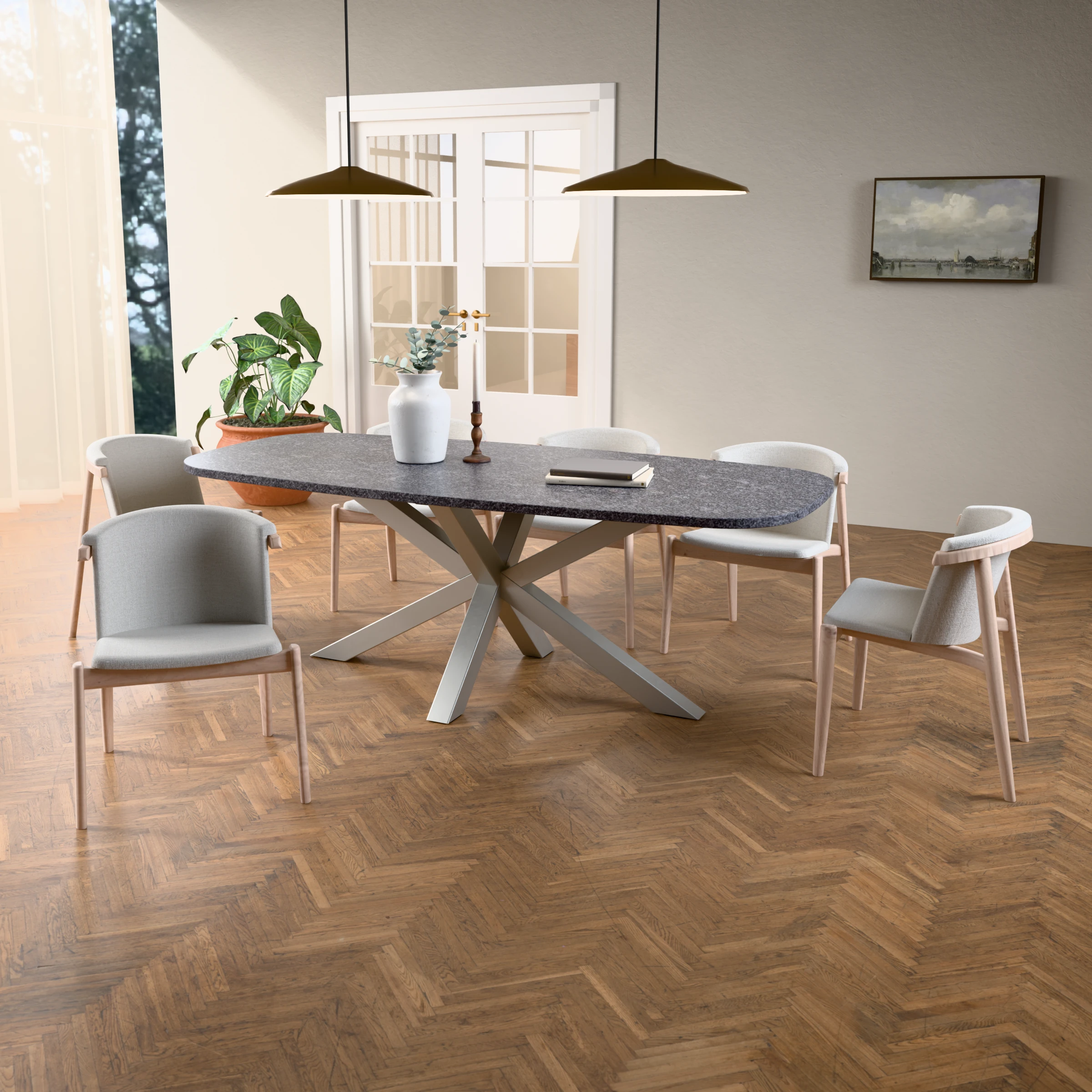 Dänisch-ovaler Granit-Tisch Riga 80x80 Edelstahl — im Wohnambiente