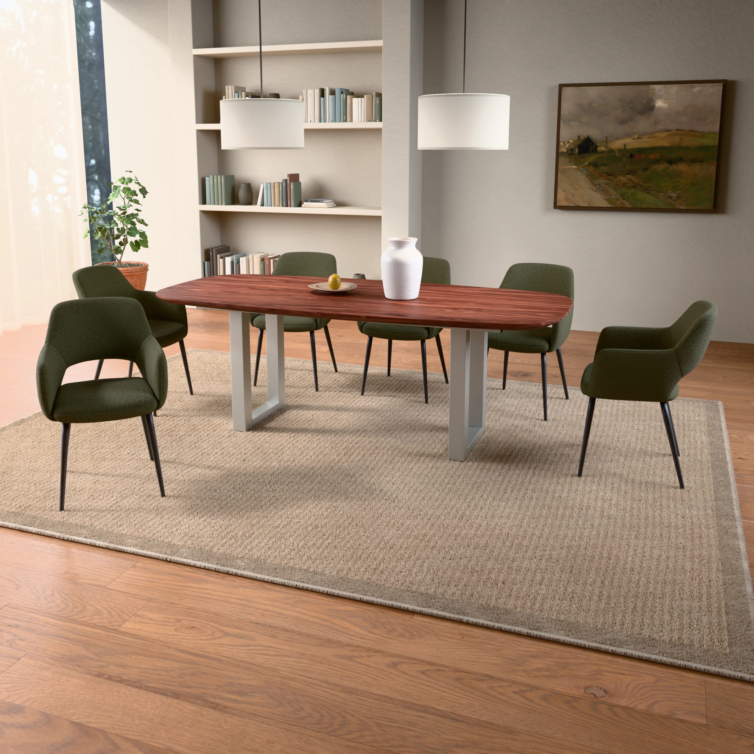 Danish-oval walnut table Amsterdam stainless steel — in a room setting