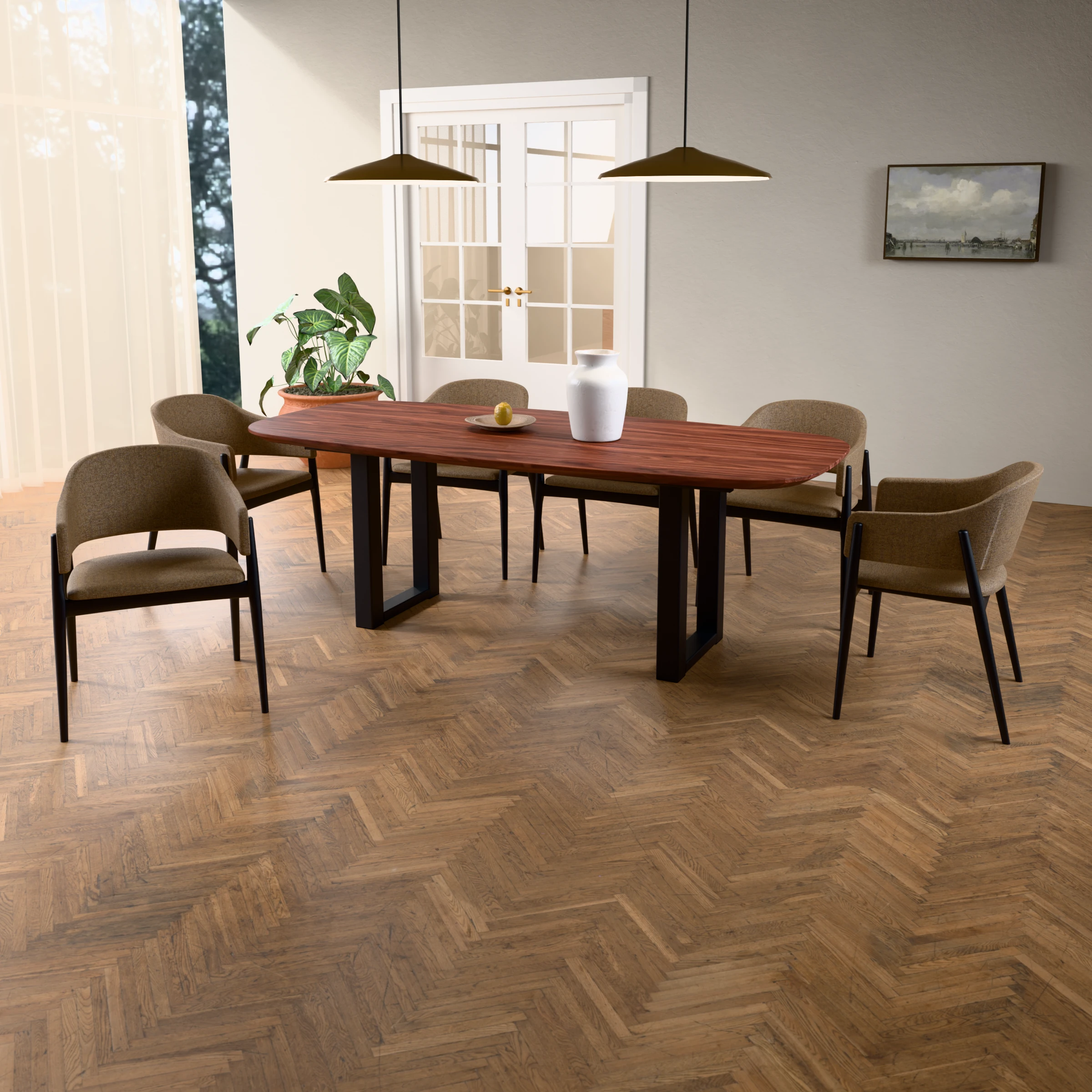 Danish-oval walnut table Amsterdam steel — in a room setting
