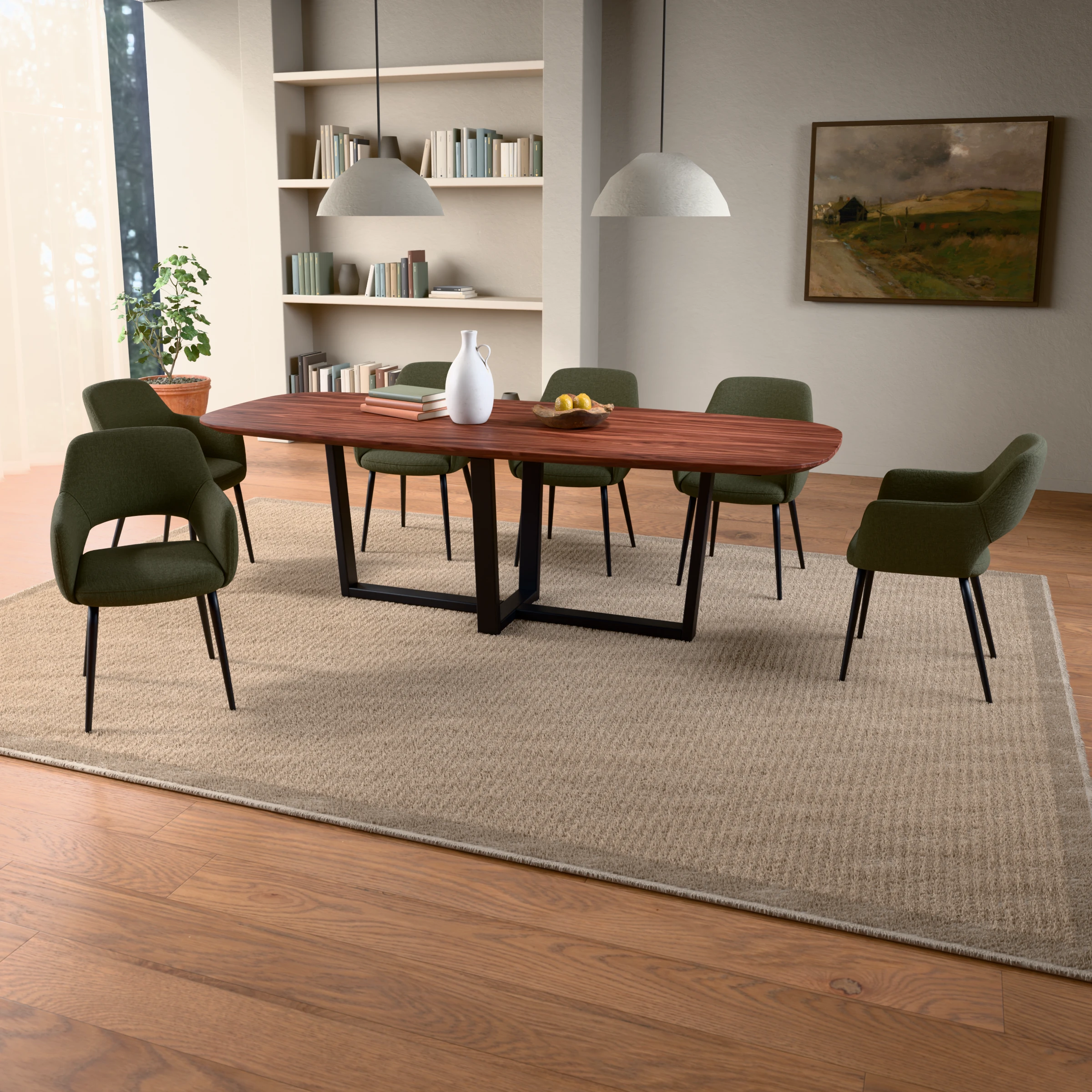 Deens ovale notenhouten tafel Geneve staal — sfeerbeeld