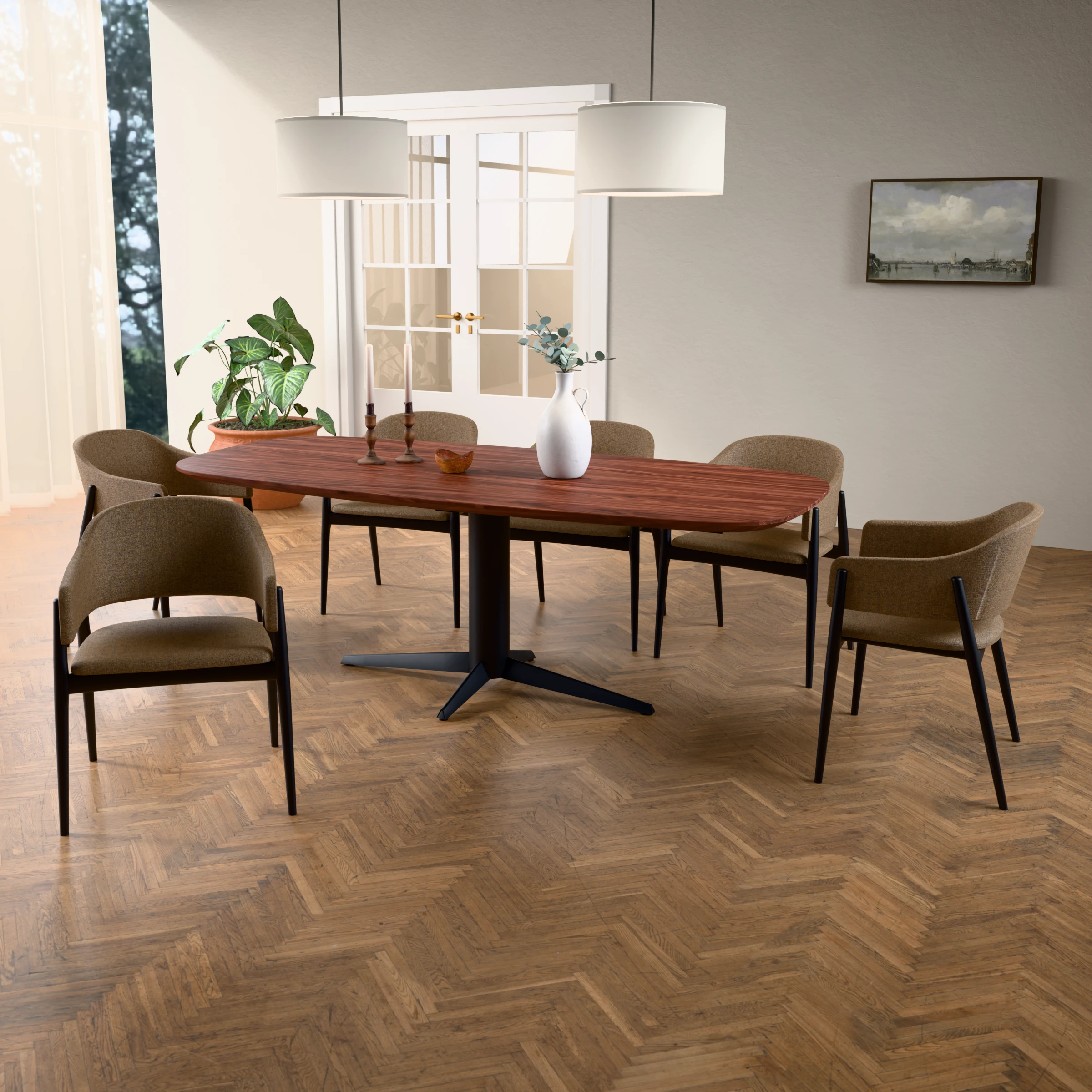 Danish-oval walnut table Londen steel — in a room setting