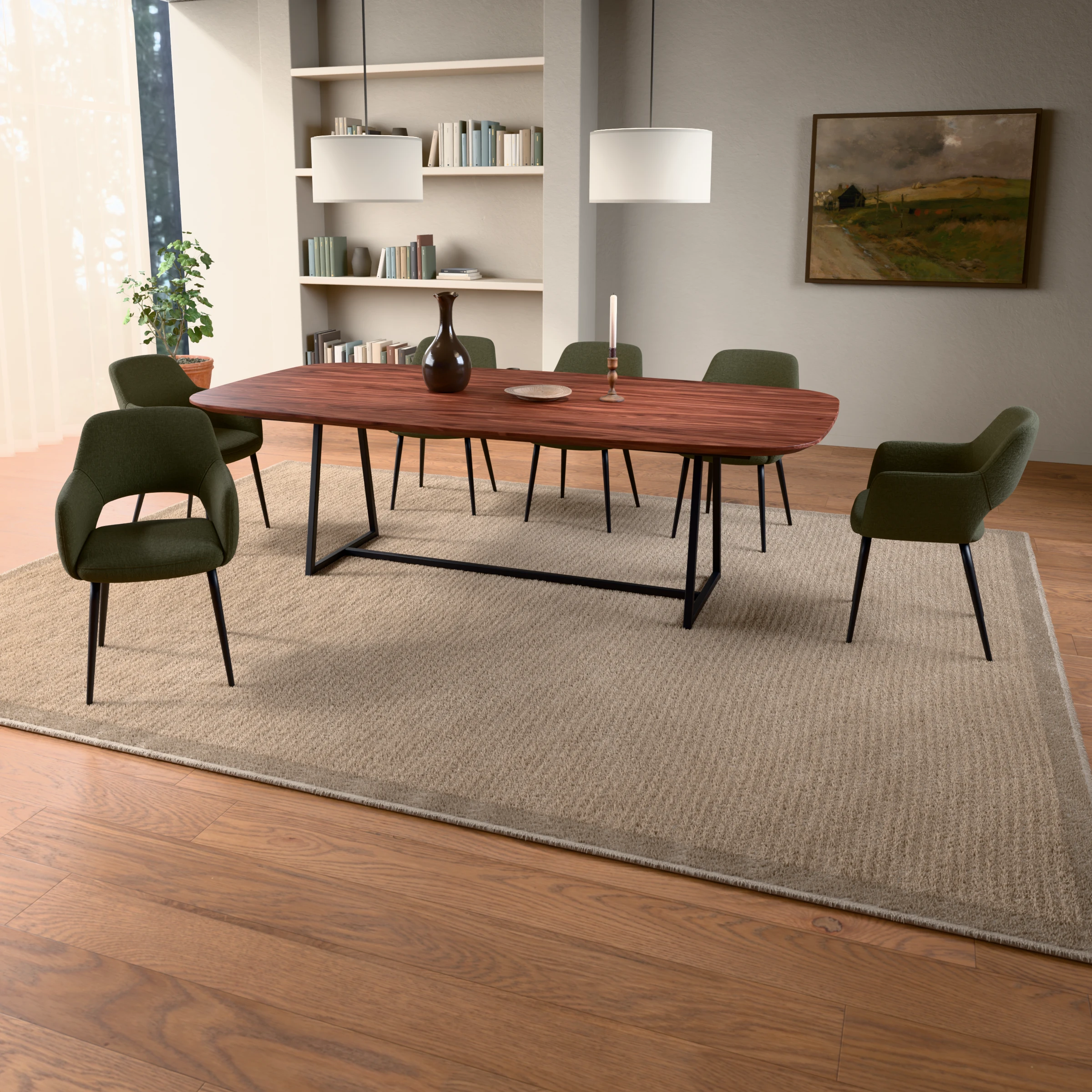 Danish-oval walnut table Monaco steel — in a room setting