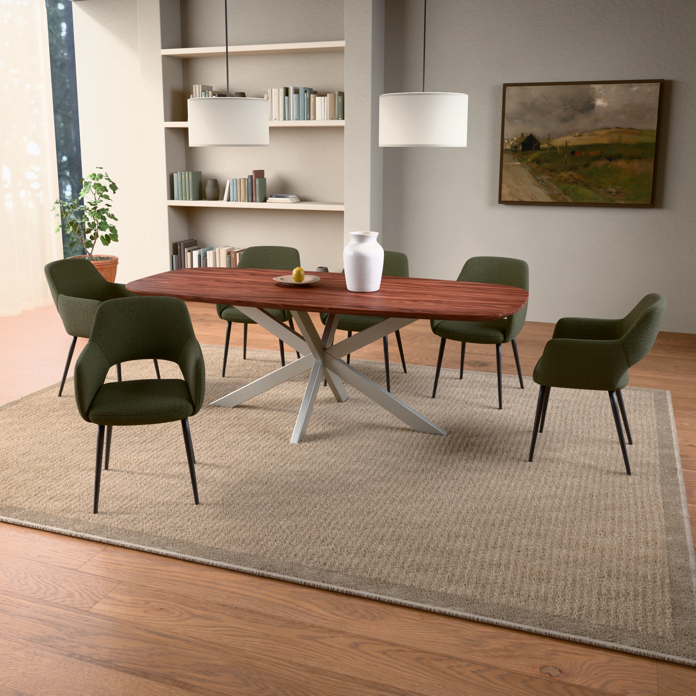 Danish-oval walnut table Riga 80x40 stainless steel — in a room setting