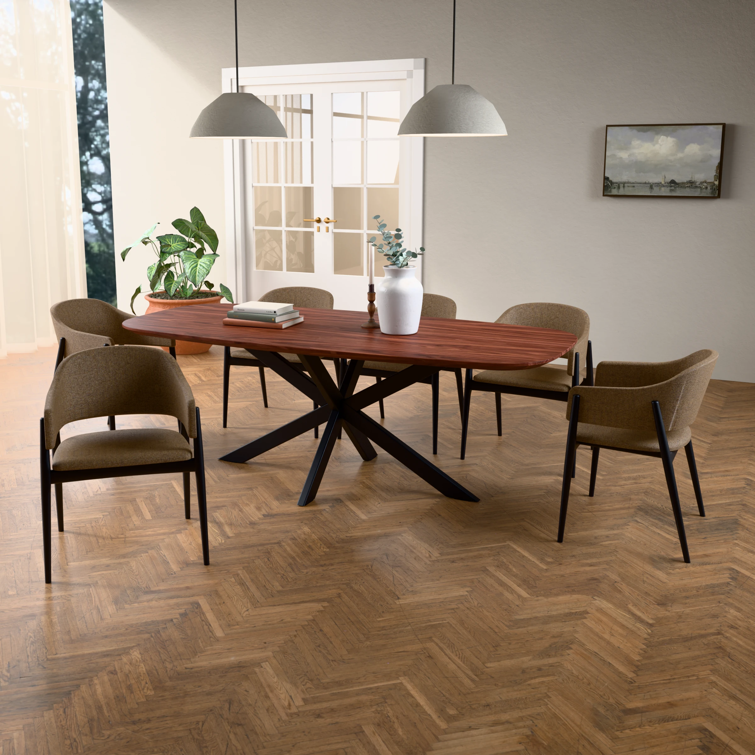 Deens ovale notenhouten tafel Riga 80x40 staal — sfeerbeeld