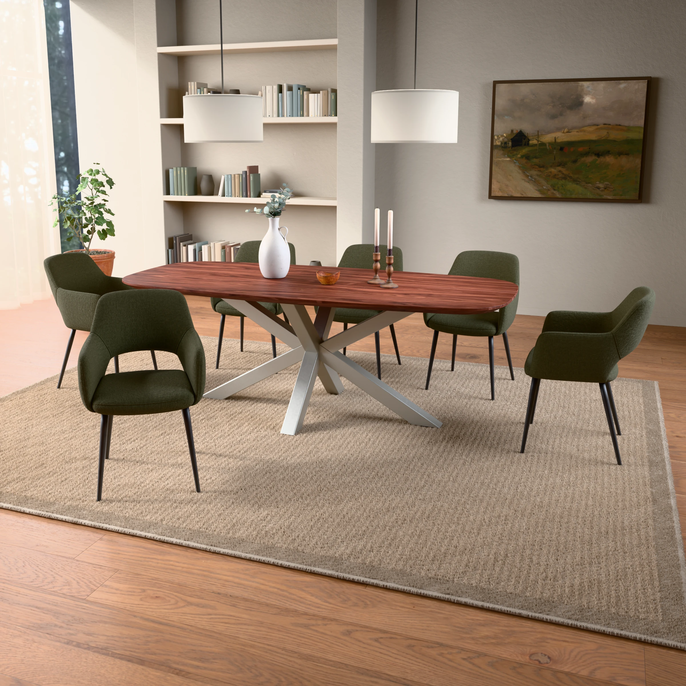 Danish-oval walnut table Riga 80x80 stainless steel — in a room setting