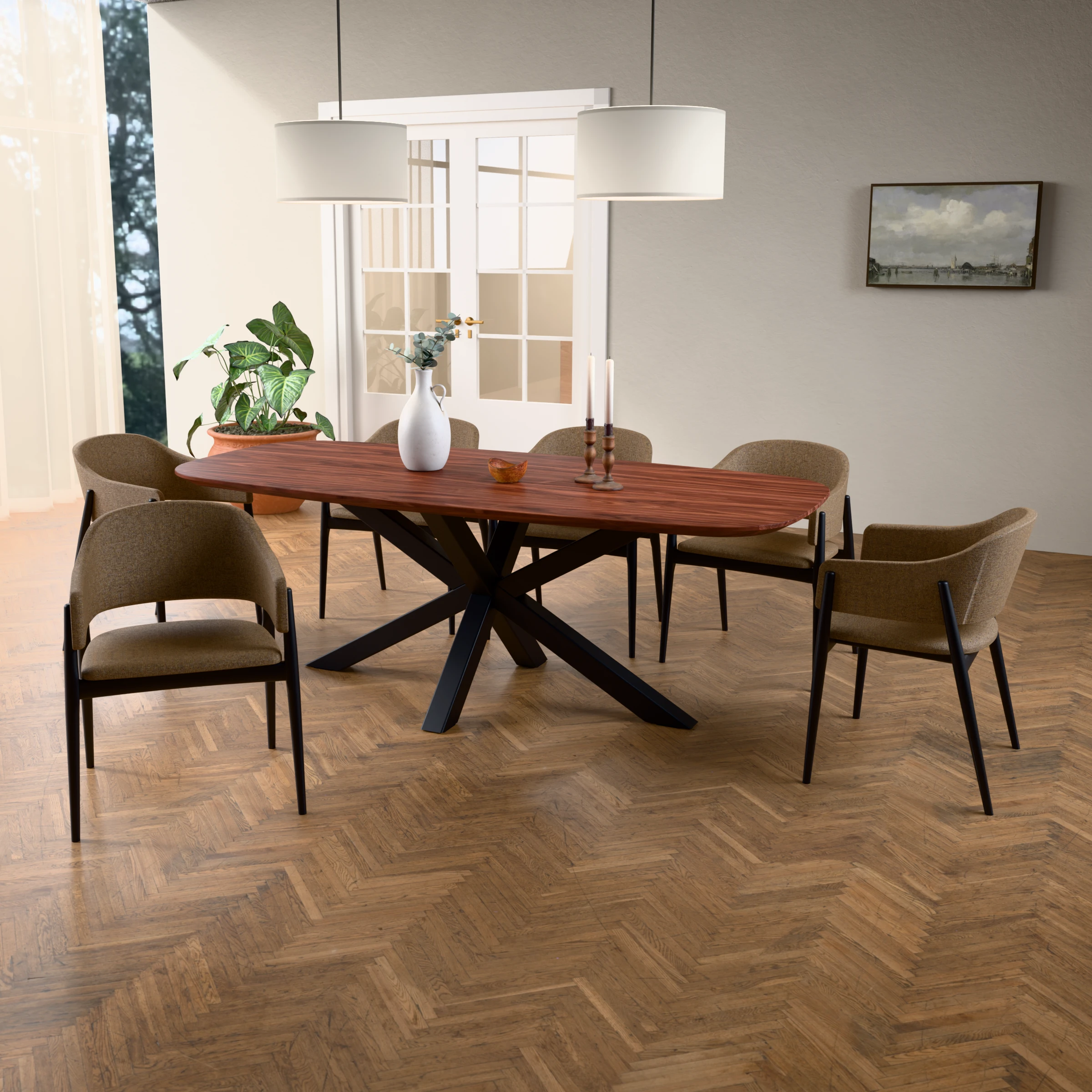 Danish-oval walnut table Riga 80x80 steel — in a room setting