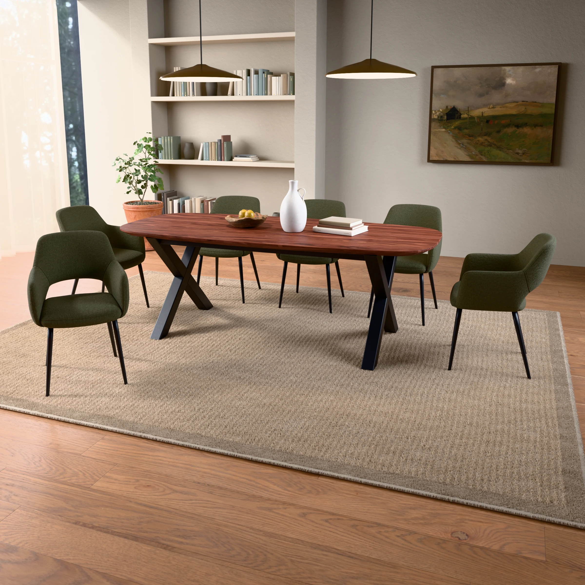 Danish-oval walnut table Sydney steel — in a room setting