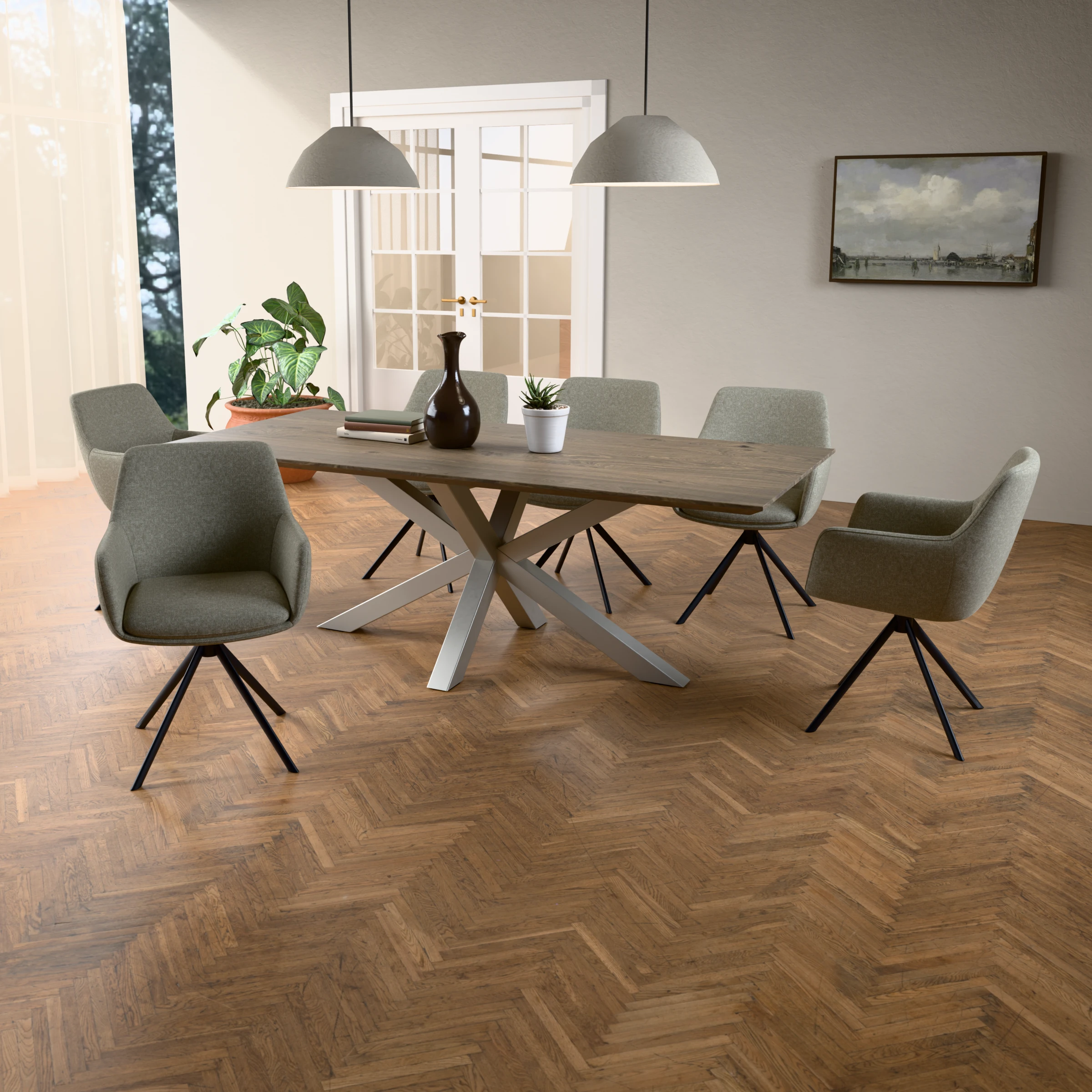 Dining set rectangular oak table Black Smoke with 6 Lento swivel chairs — in a room setting