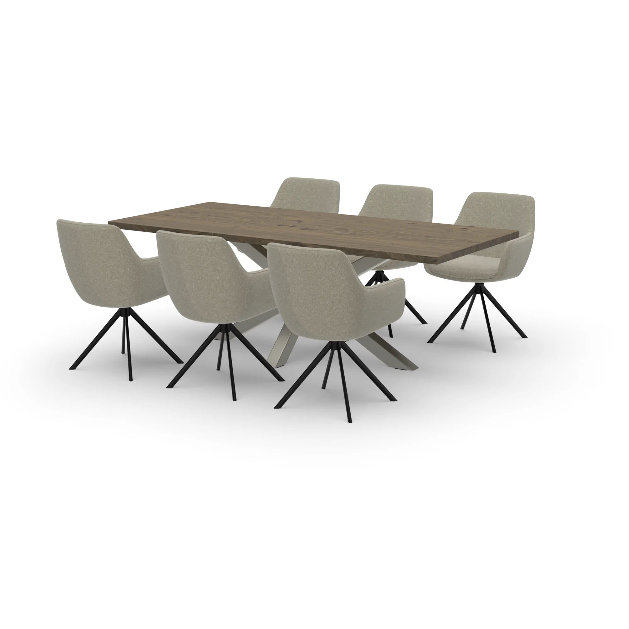Eettafelset rechthoekige eiken tafel Black Smoke met 6 Lento draaistoelen