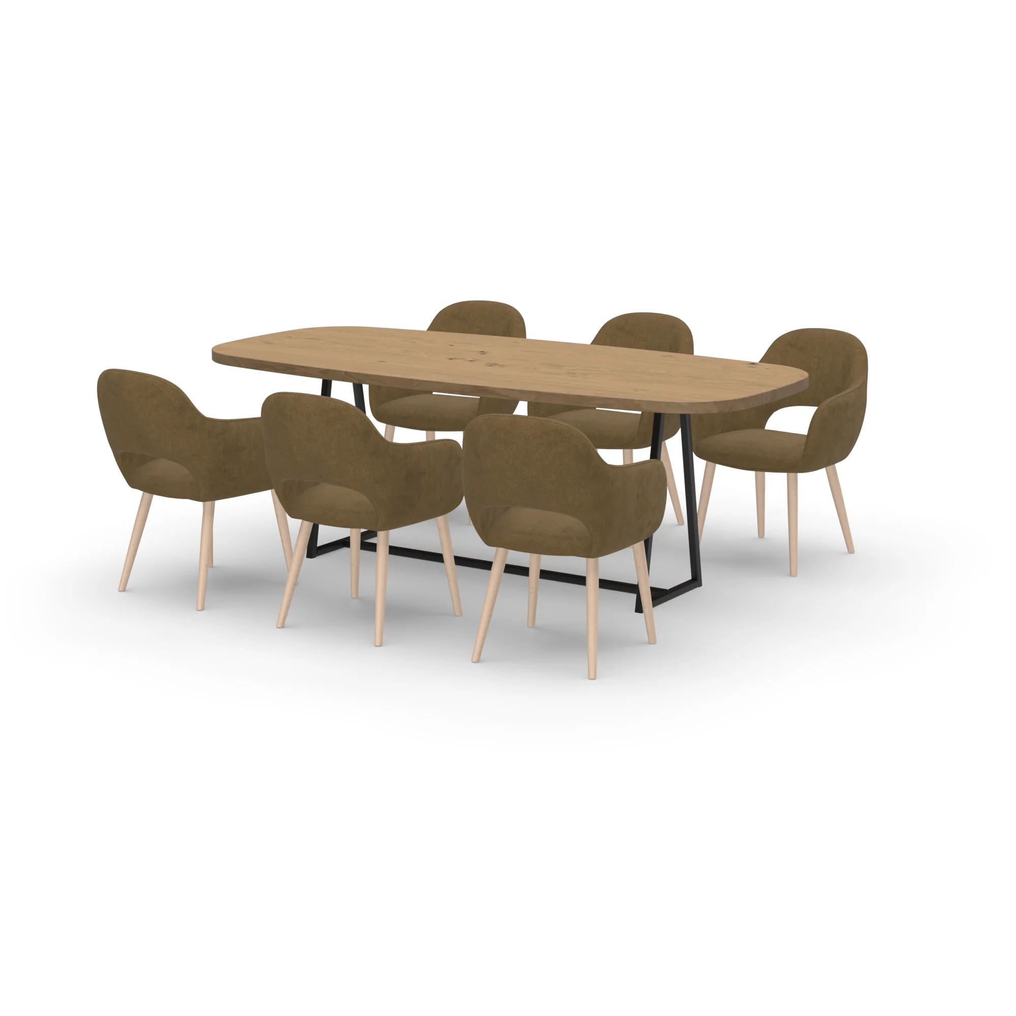 Eettafelset Deens ovale eiken tafel Mud met 6 Bento stoelen