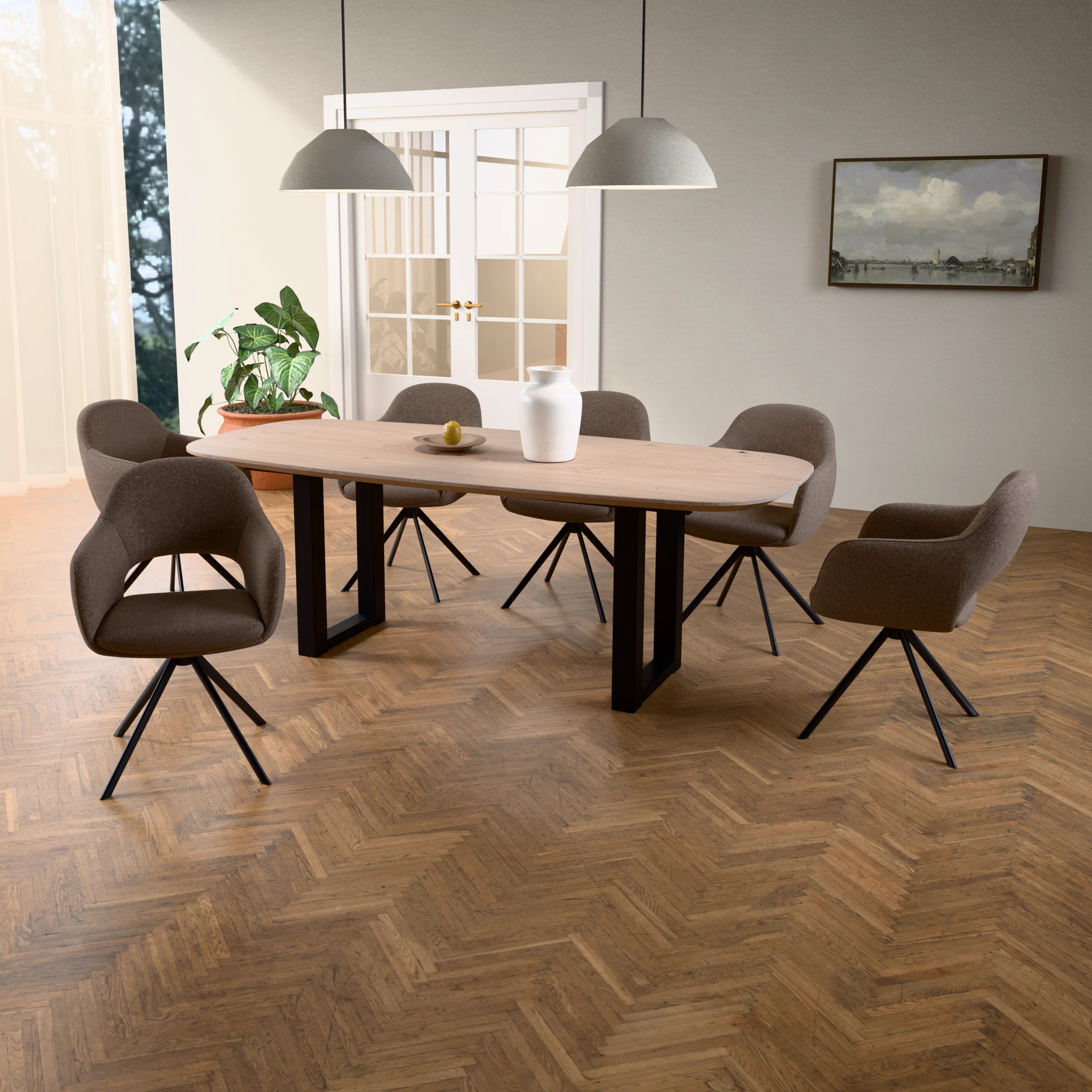 Eettafelset Deens ovale eiken tafel naturel met 6 Bento draaistoelen — sfeerbeeld