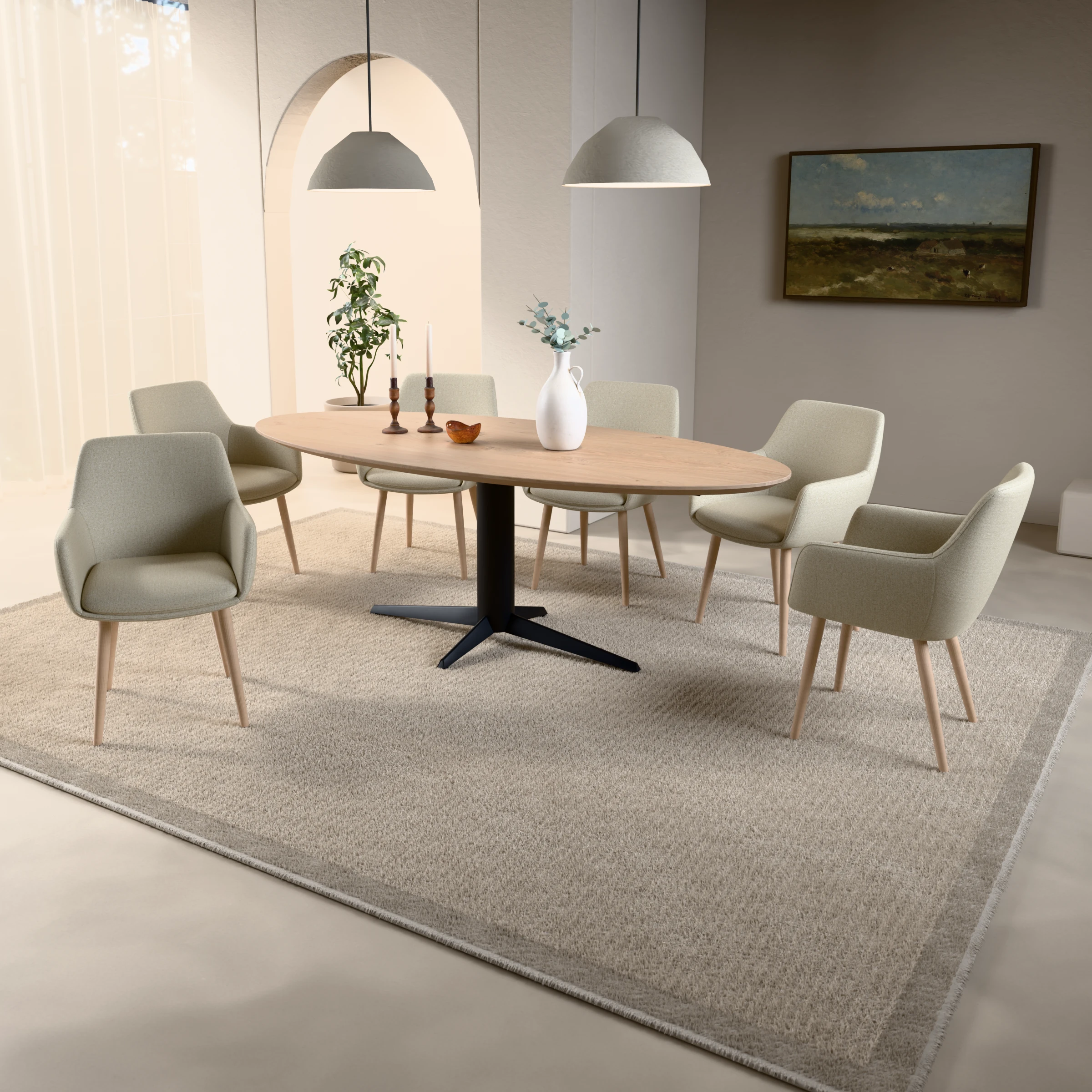 Eettafelset ovale eiken tafel naturel met 6 Lento stoelen — sfeerbeeld