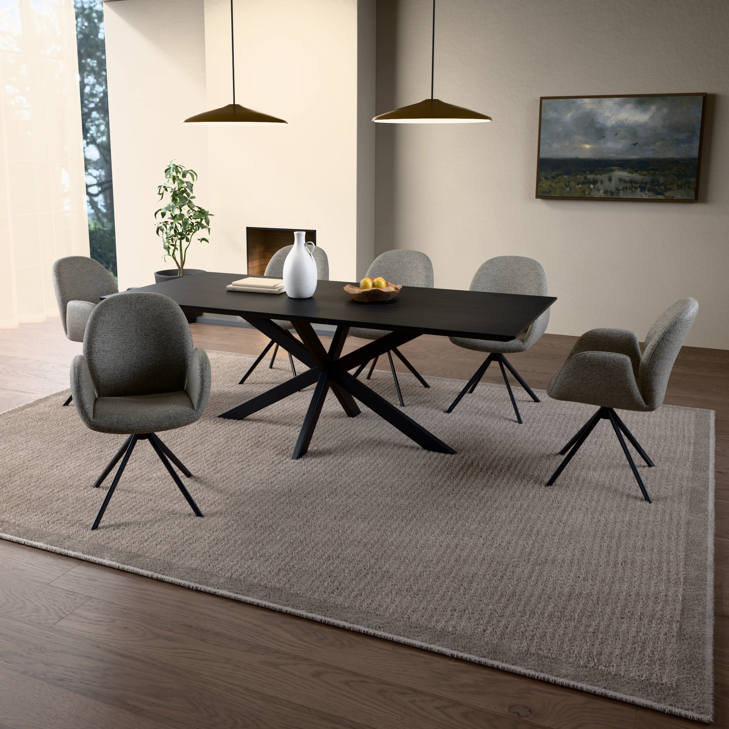 Dining set rectangular oak table black with 6 Luna swivel chairs — in a room setting
