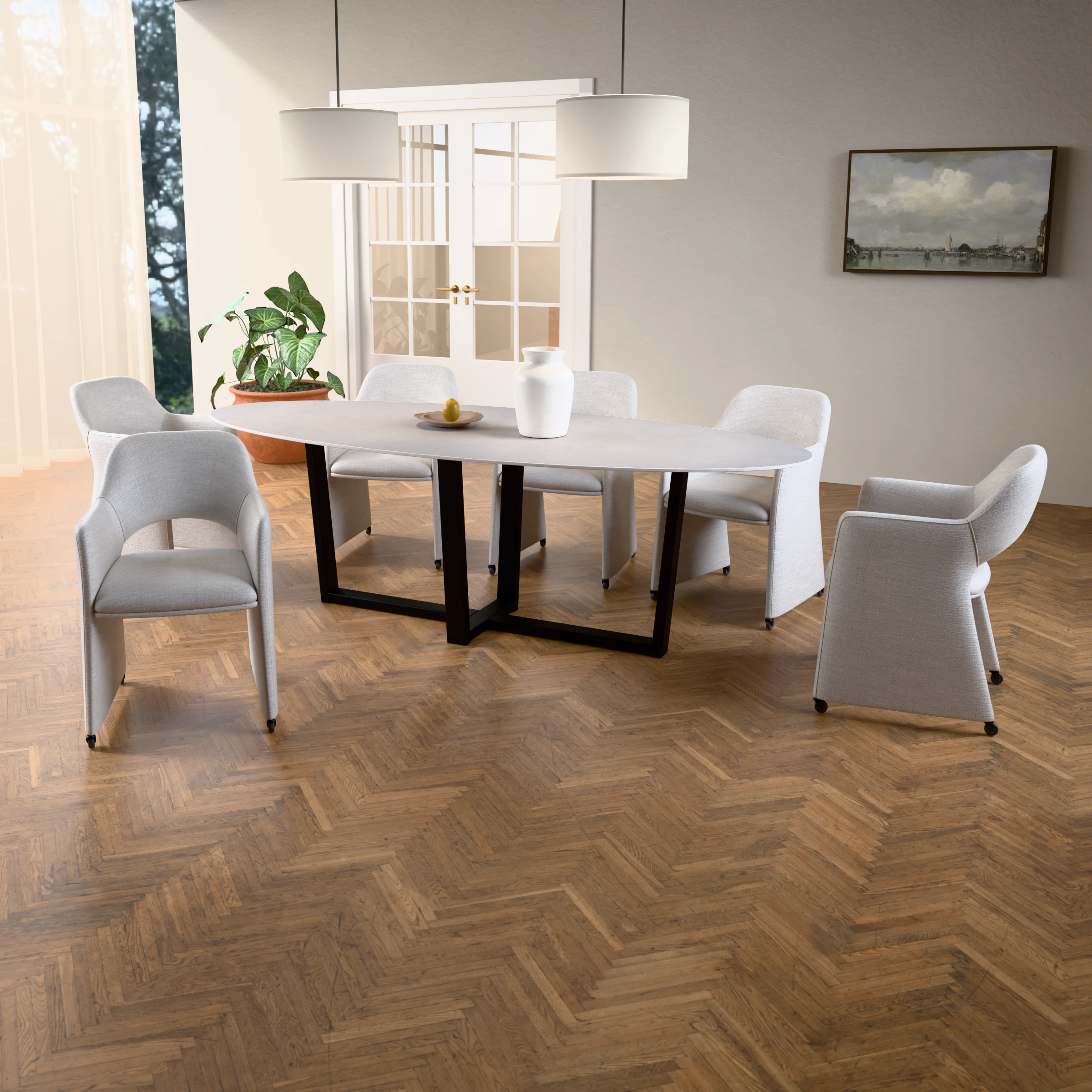 Dining set oval ceramic table Ash with 6 Ritmo chairs — in a room setting