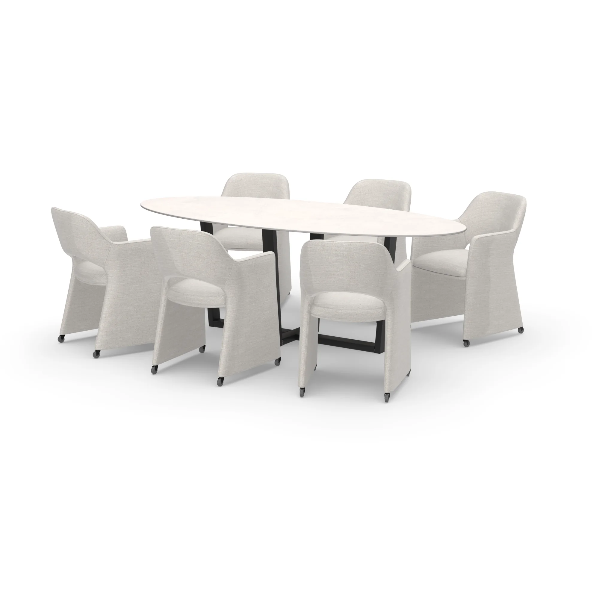Eettafelset ovale keramiek tafel Ash met 6 Ritmo stoelen