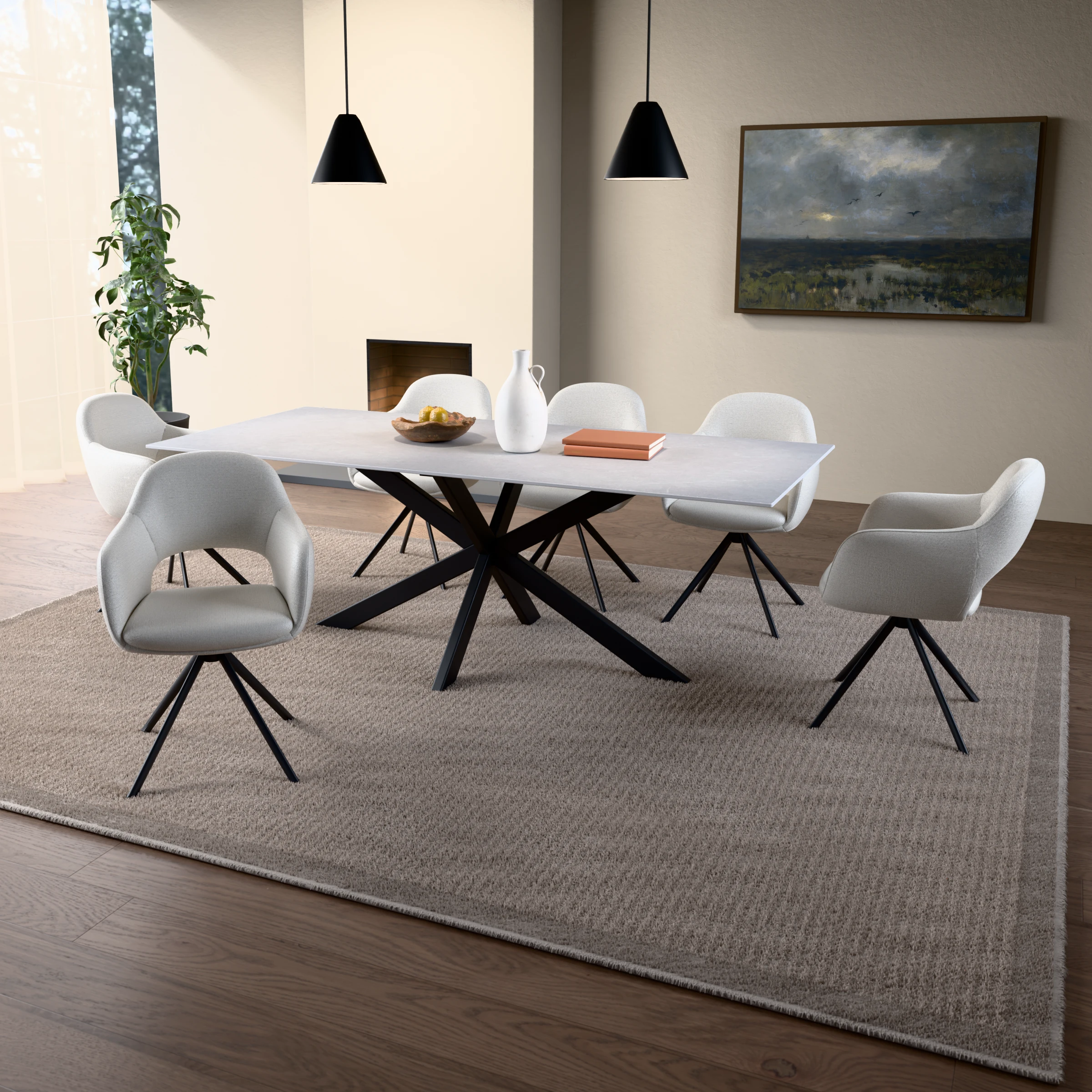 Dining set rectangular ceramic table Beneto Cream with 6 Bento swivel chairs — in a room setting