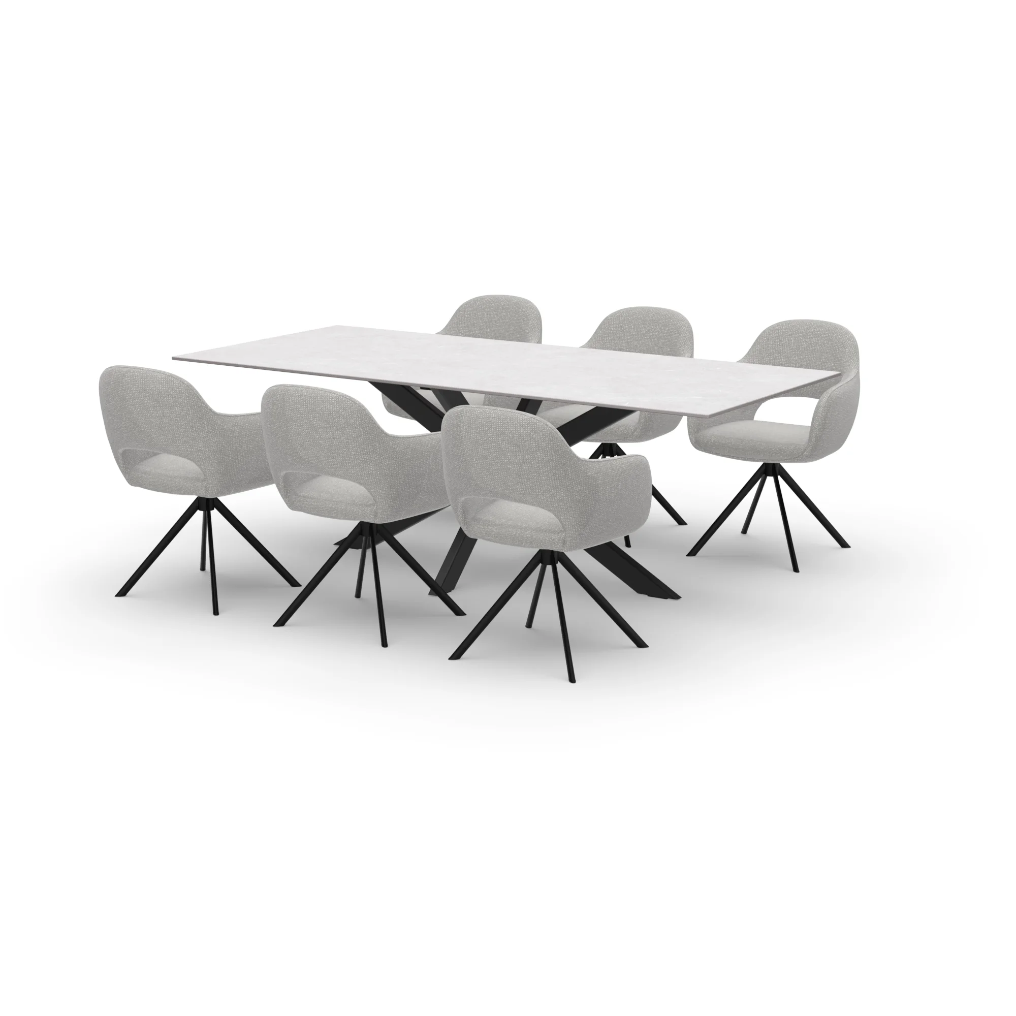 Eettafelset rechthoekige keramiek tafel Beneto Cream met 6 Bento draaistoelen