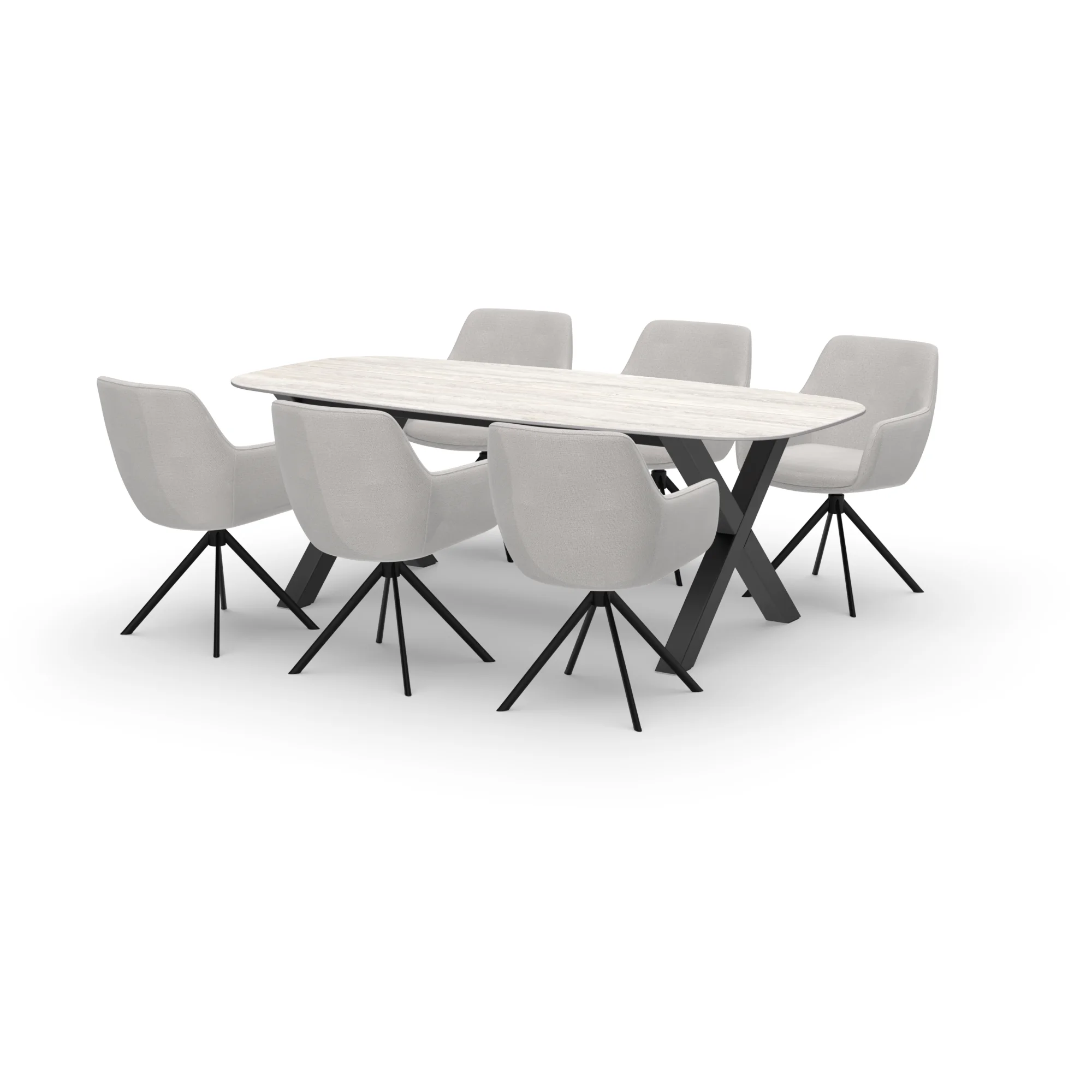 Eettafelset Deens ovale keramiek tafel Travertino met 6 Lento draaistoelen