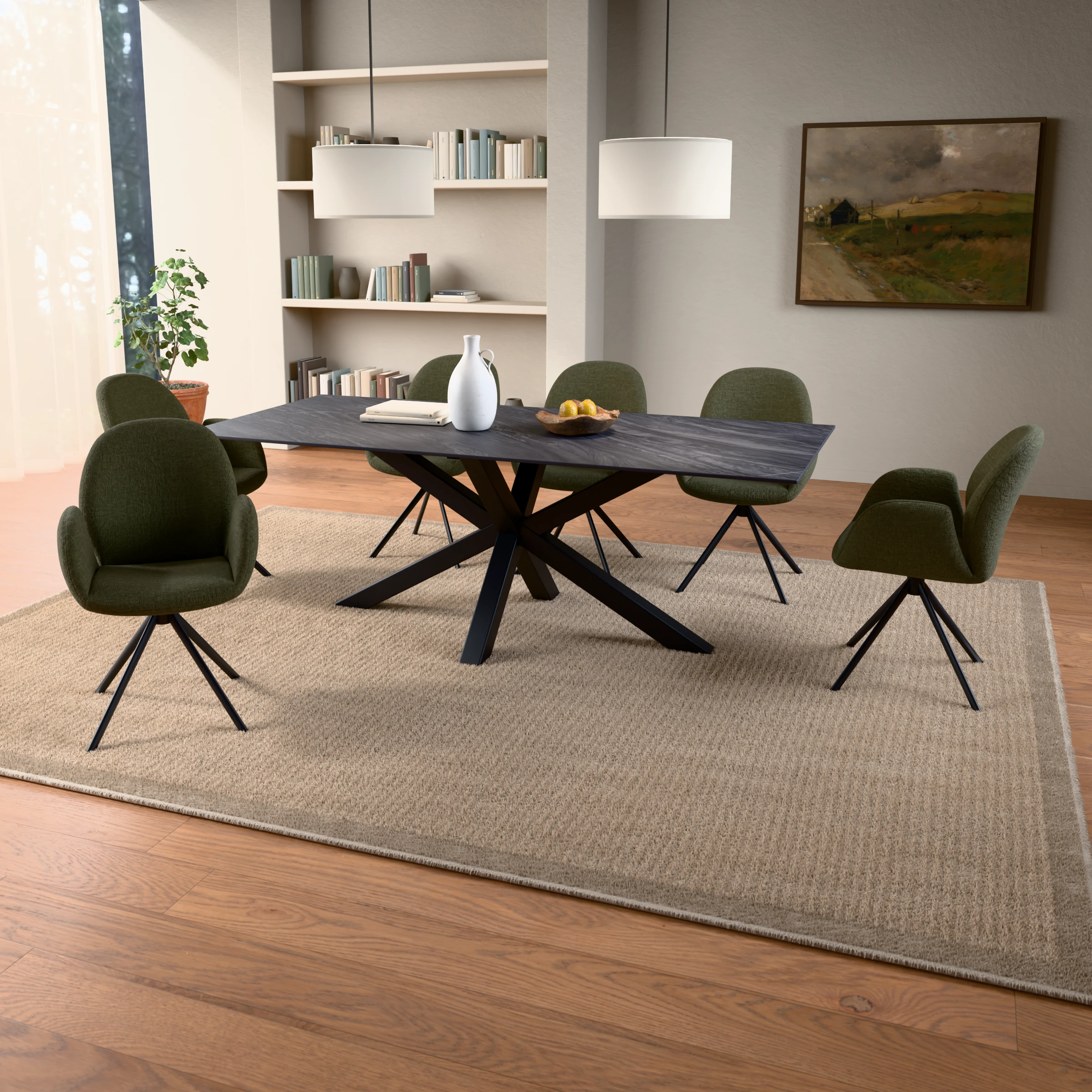 Dining set rectangular ceramic table Bahia Black with 6 Luna swivel chairs — in a room setting