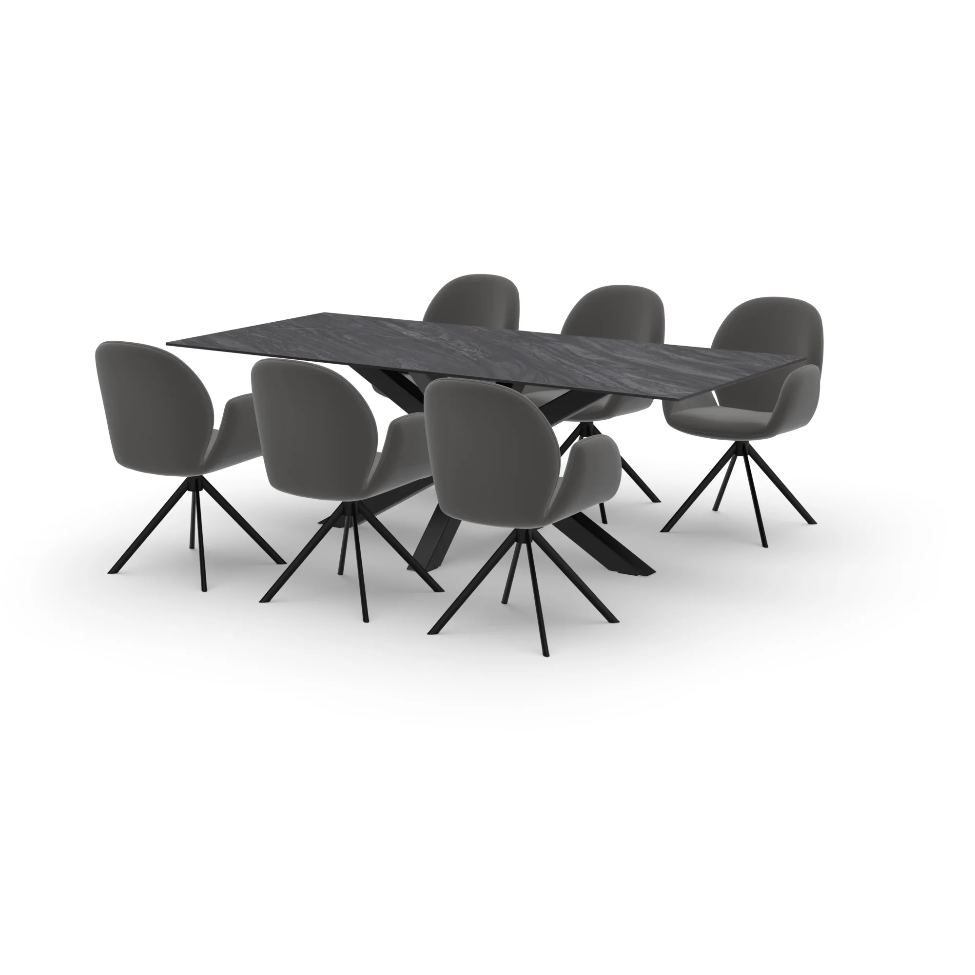 Eettafelset rechthoekige keramiek tafel Bahia Black met 6 Luna draaistoelen