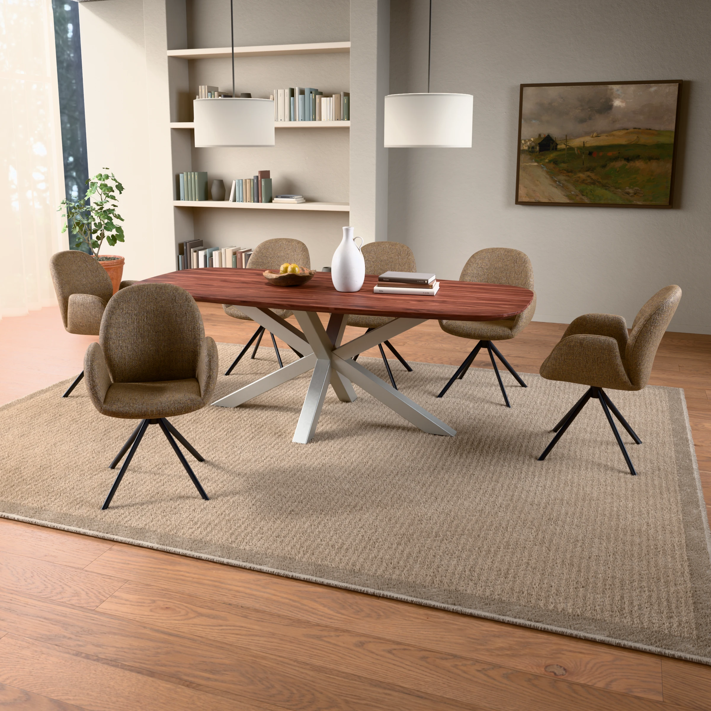Dining set Danish oval walnut table with 6 Luna swivel chairs — in a room setting