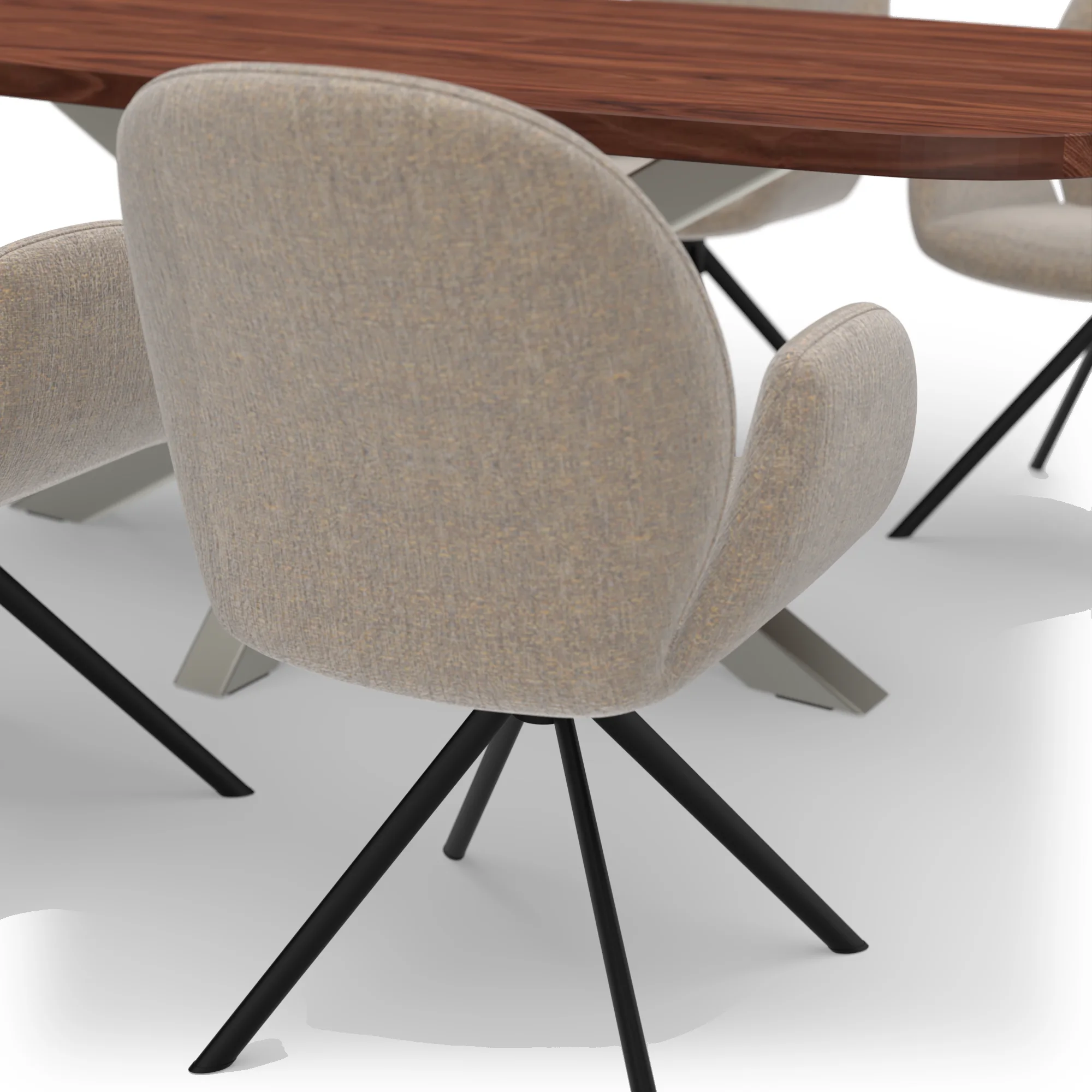 Eettafelset Deens ovale notenhouten tafel met 6 Luna draaistoelen — stoel detail