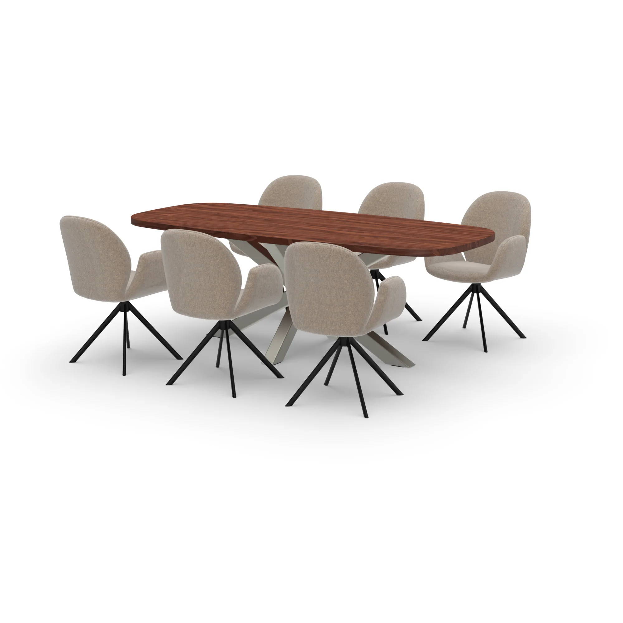 Eettafelset Deens ovale notenhouten tafel met 6 Luna draaistoelen