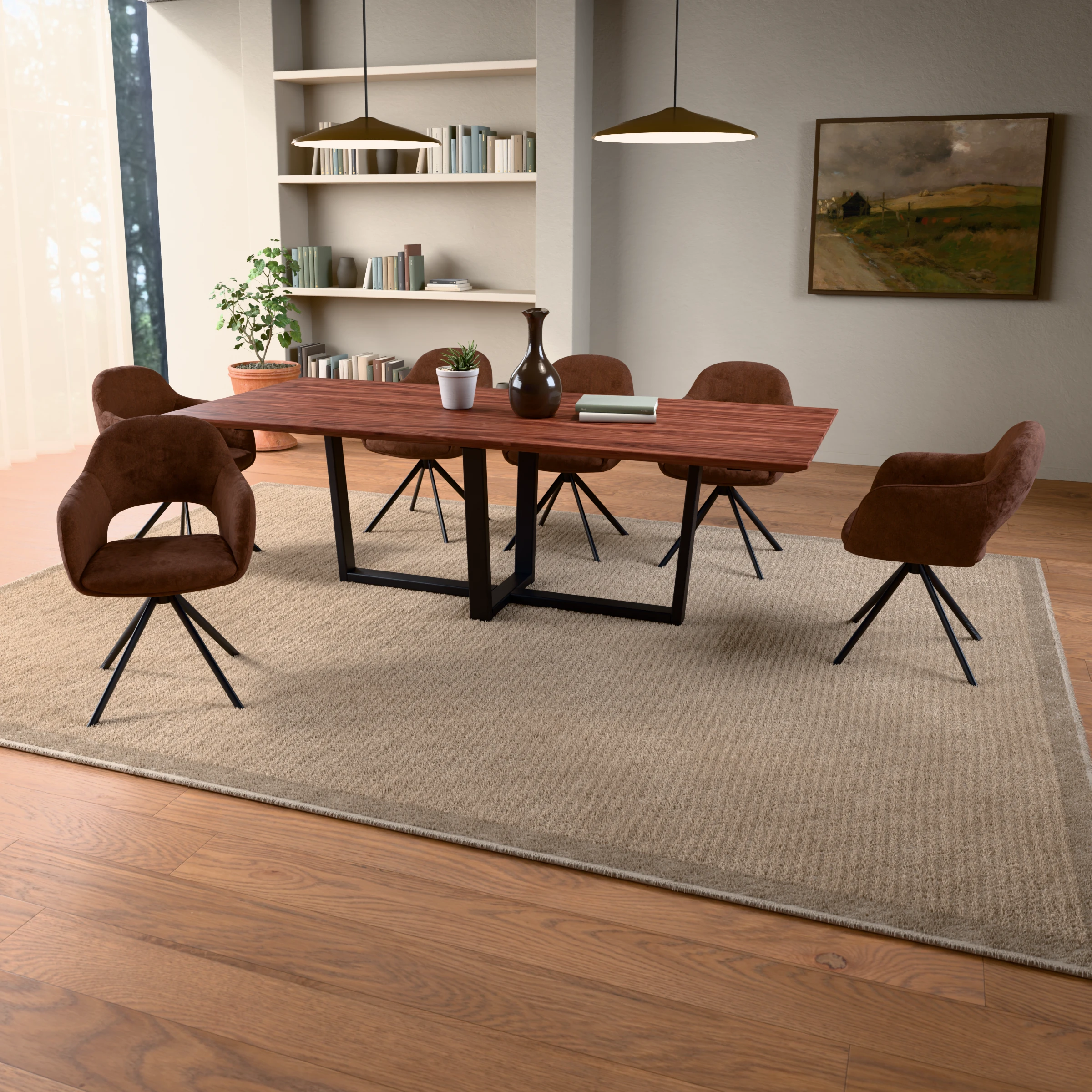 Dining set rectangular walnut table with 6 Bento swivel chairs — in a room setting