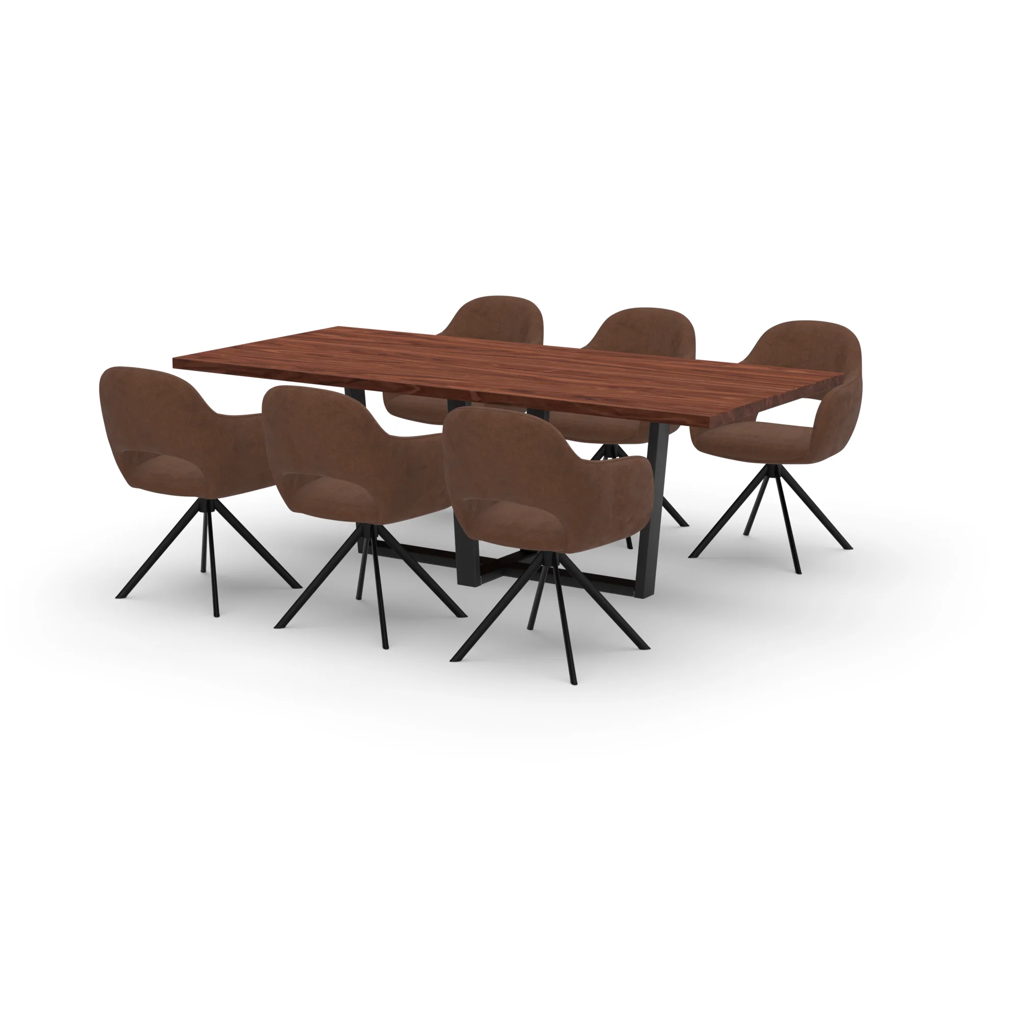 Eettafelset rechthoekige notenhouten tafel met 6 Bento draaistoelen