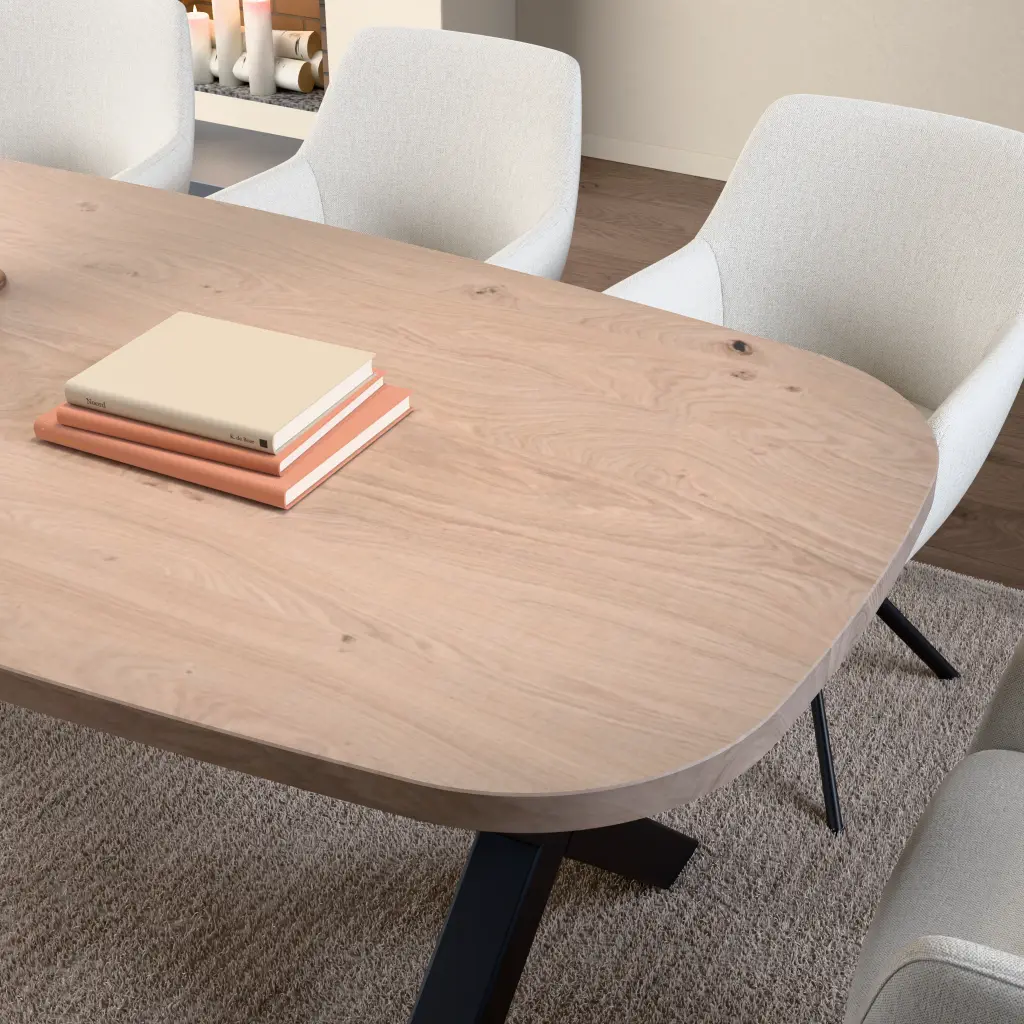Eichen-Tischplatte. Oberfläche und Plattenkante aus der Nähe.