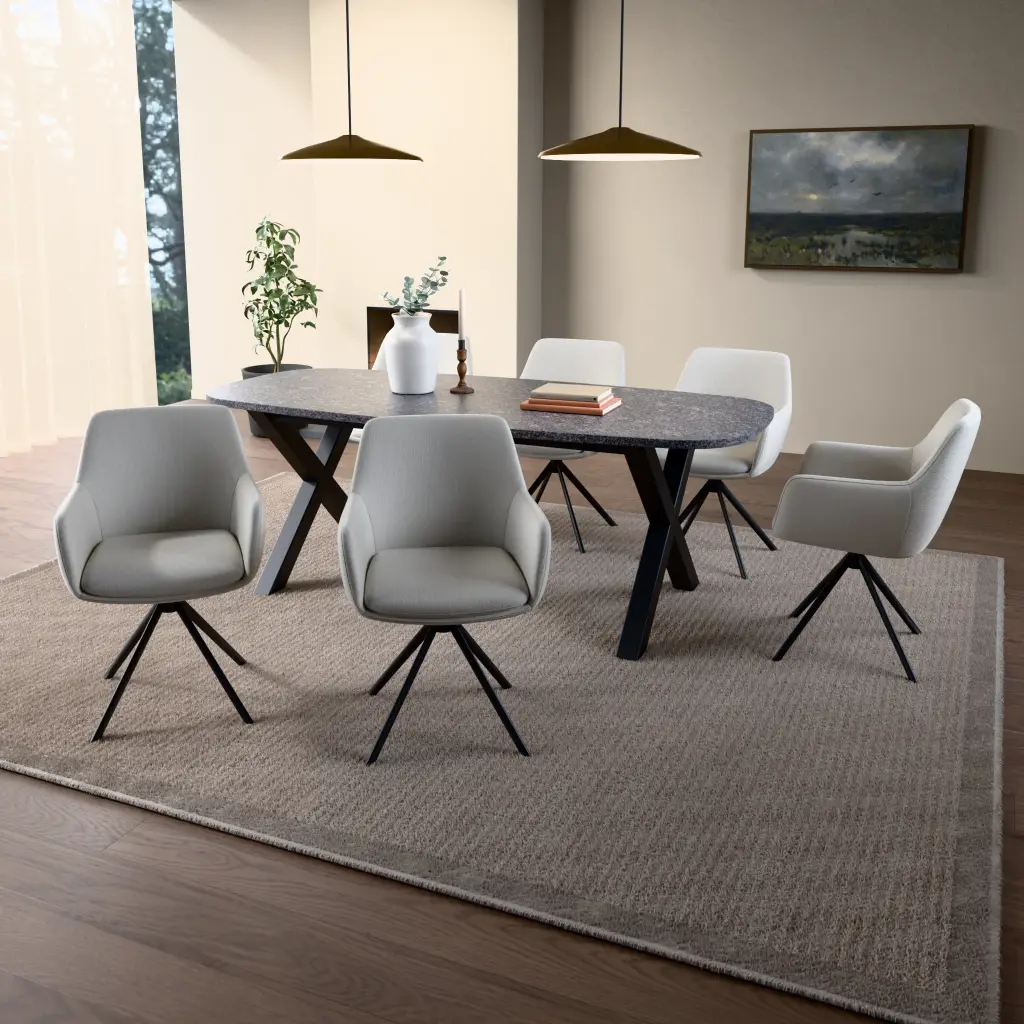 Graniet Steel Grey (Leather) table top. In a dining setting. Only the table top is included.