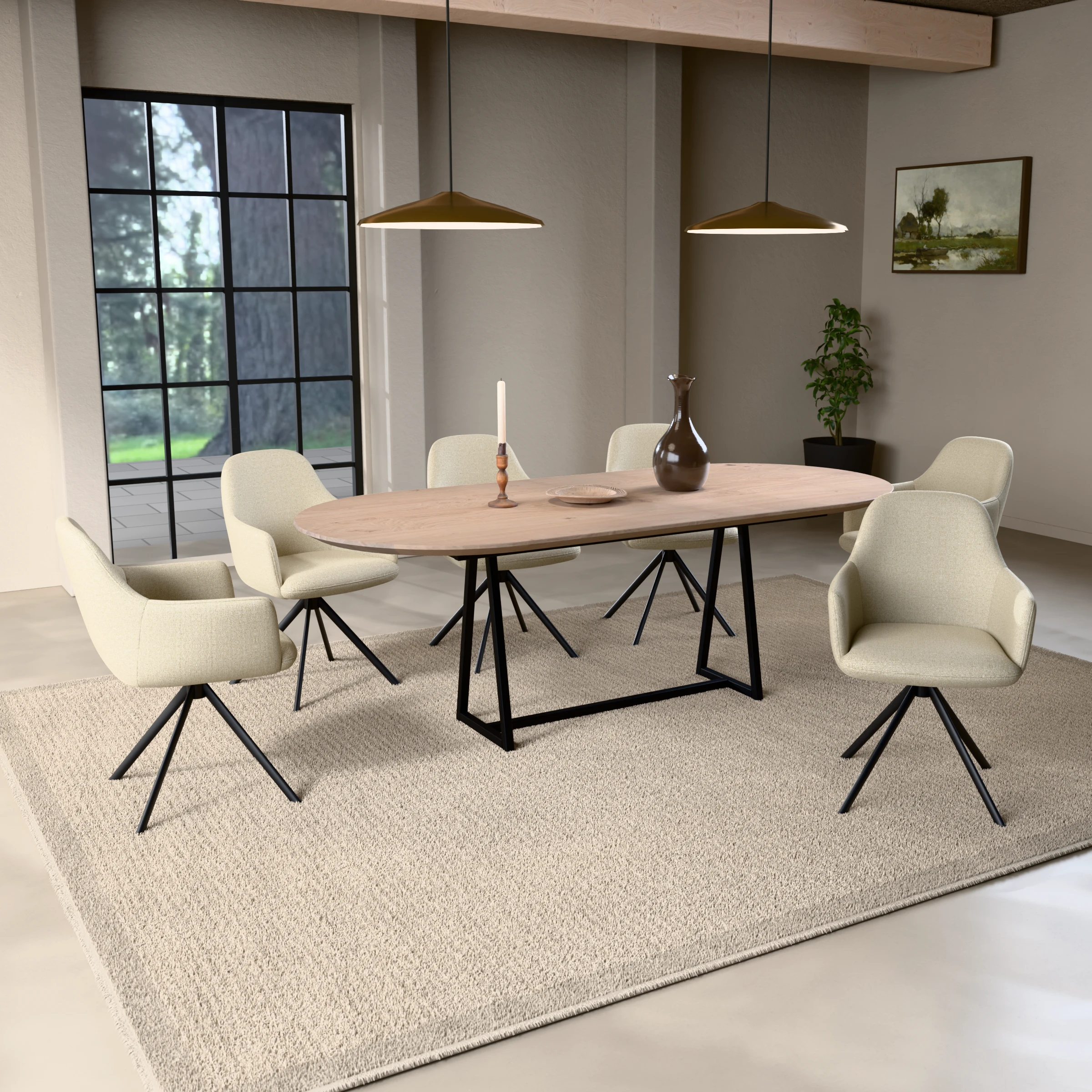 Racetrack eikenhouten tafel Monaco staal — sfeerbeeld