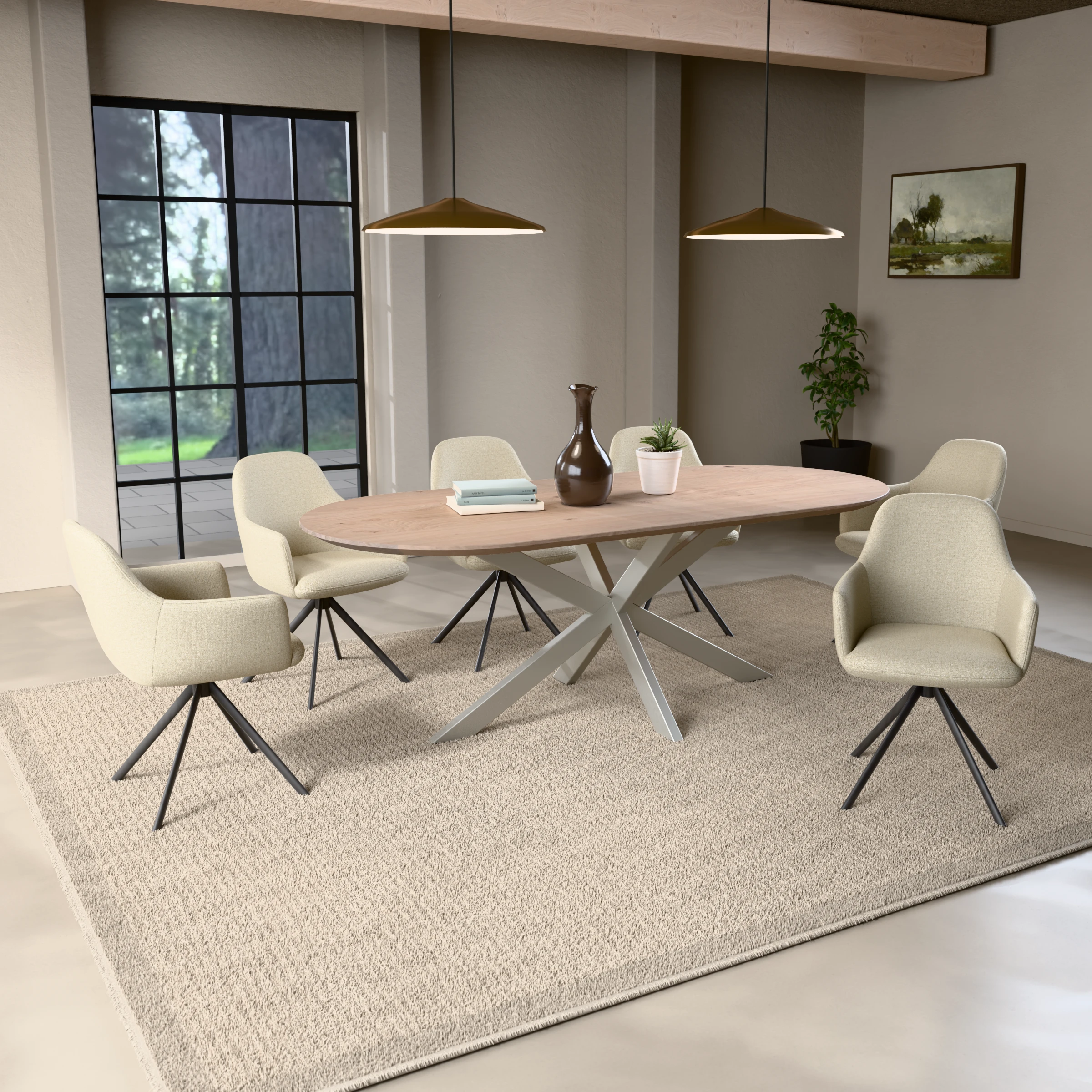 Racetrack oak table Riga 80x40 stainless steel — in a room setting