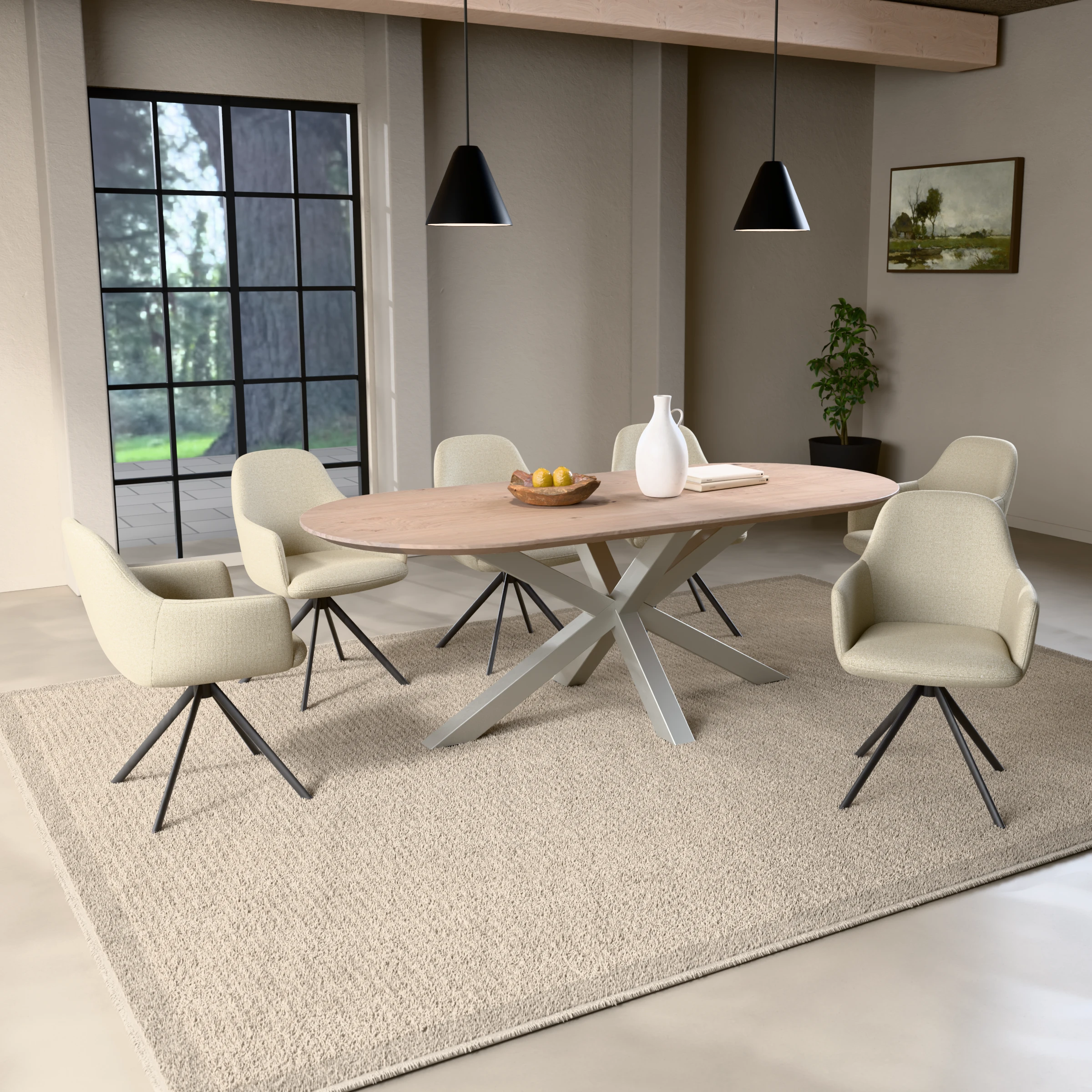 Racetrack oak table Riga 80x80 stainless steel — in a room setting