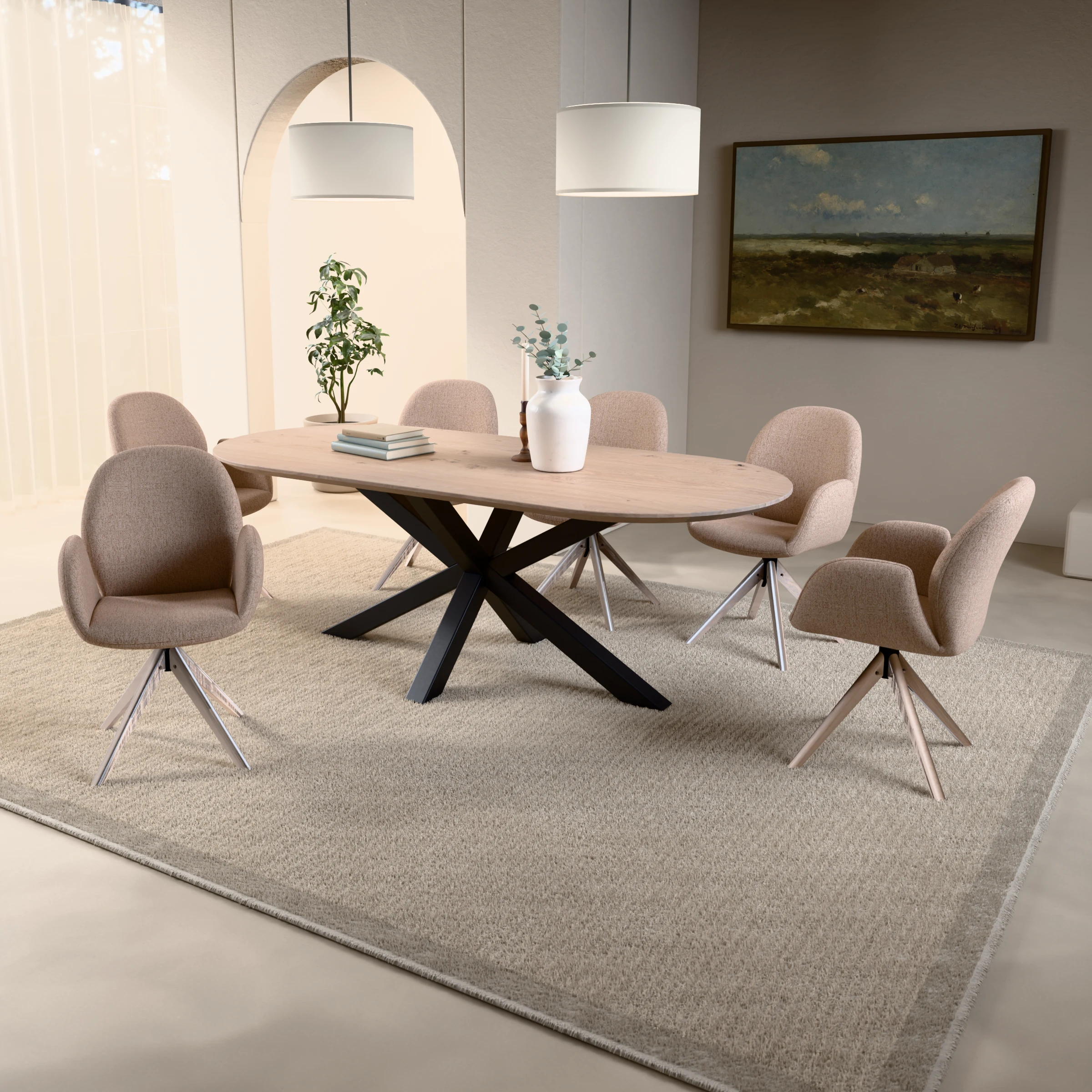 Racetrack oak table Riga 80x80 steel — in a room setting