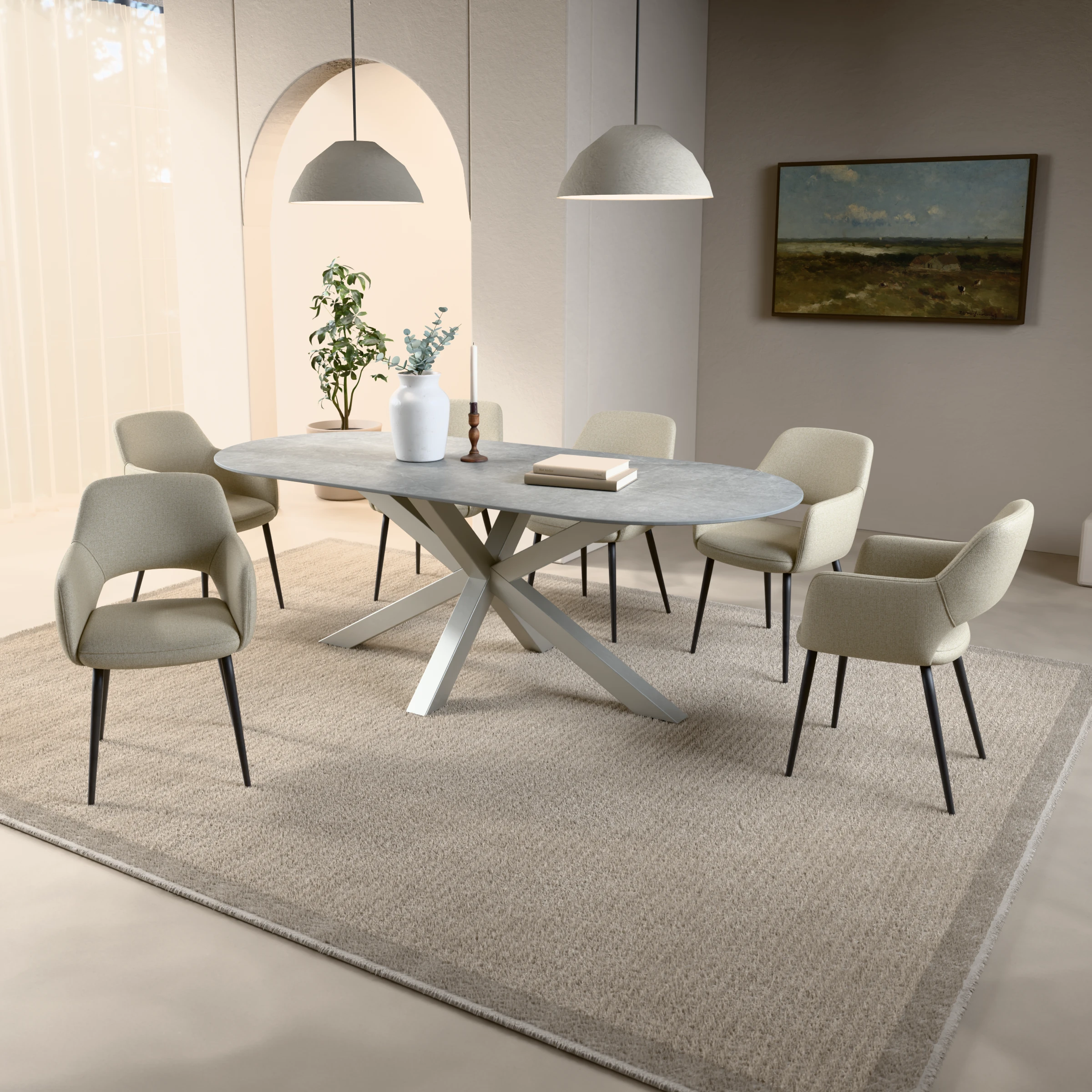 Racetrack ceramic table Riga 80x80 stainless steel — in a room setting